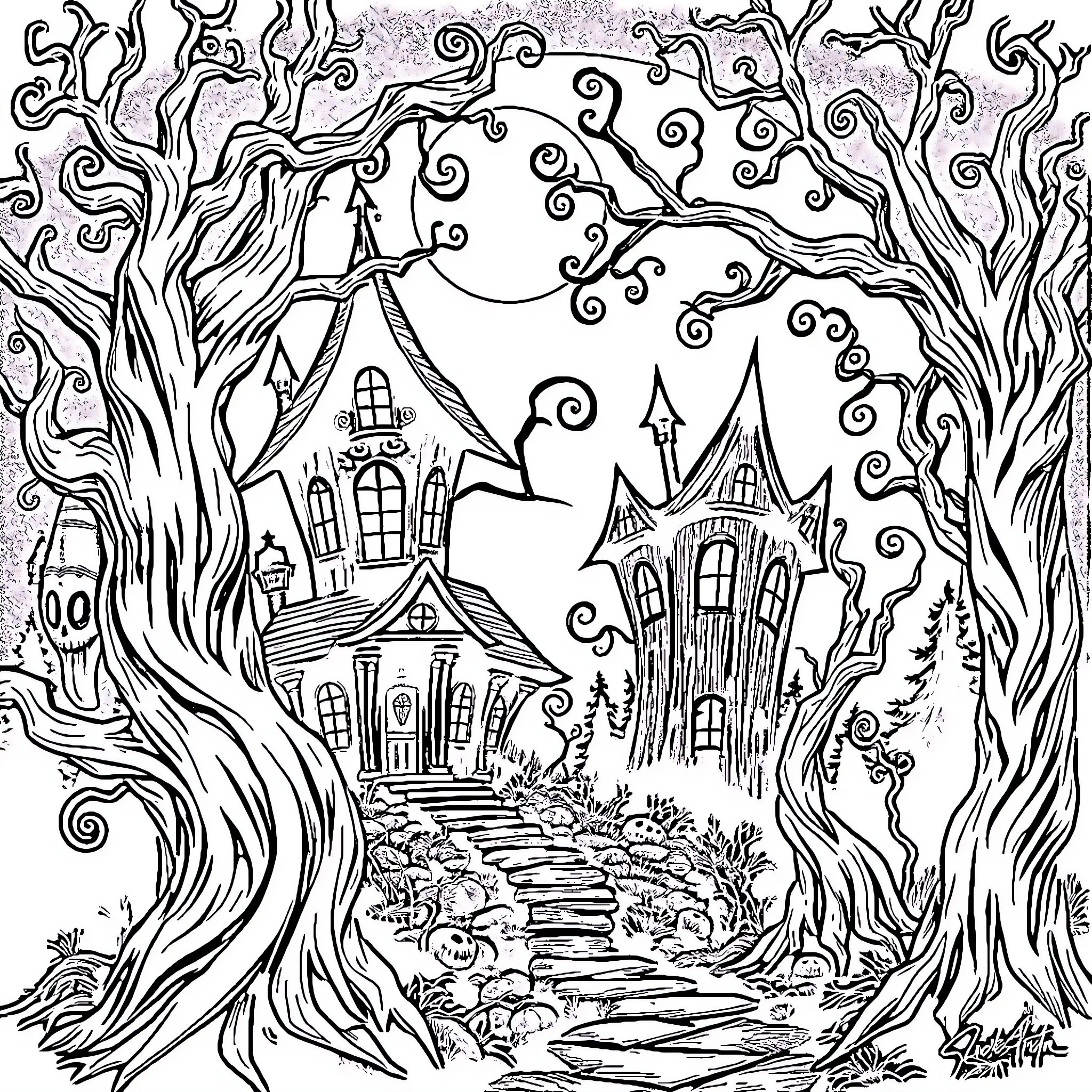 Tree-lined path to whimsical haunted houses Coloring Page (free black-and-white line drawing printable PDF for all, from beginners to advanced learners, including children, teens, adults, and seniors)