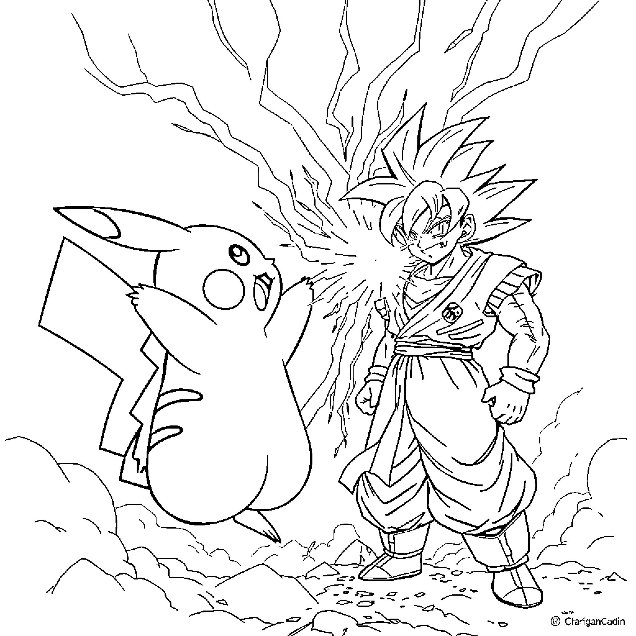 Pikachu confronting a powerful character Coloring Page (free black-and-white line drawing printable PDF for all, from beginners to advanced learners, including children, teens, adults, and seniors)