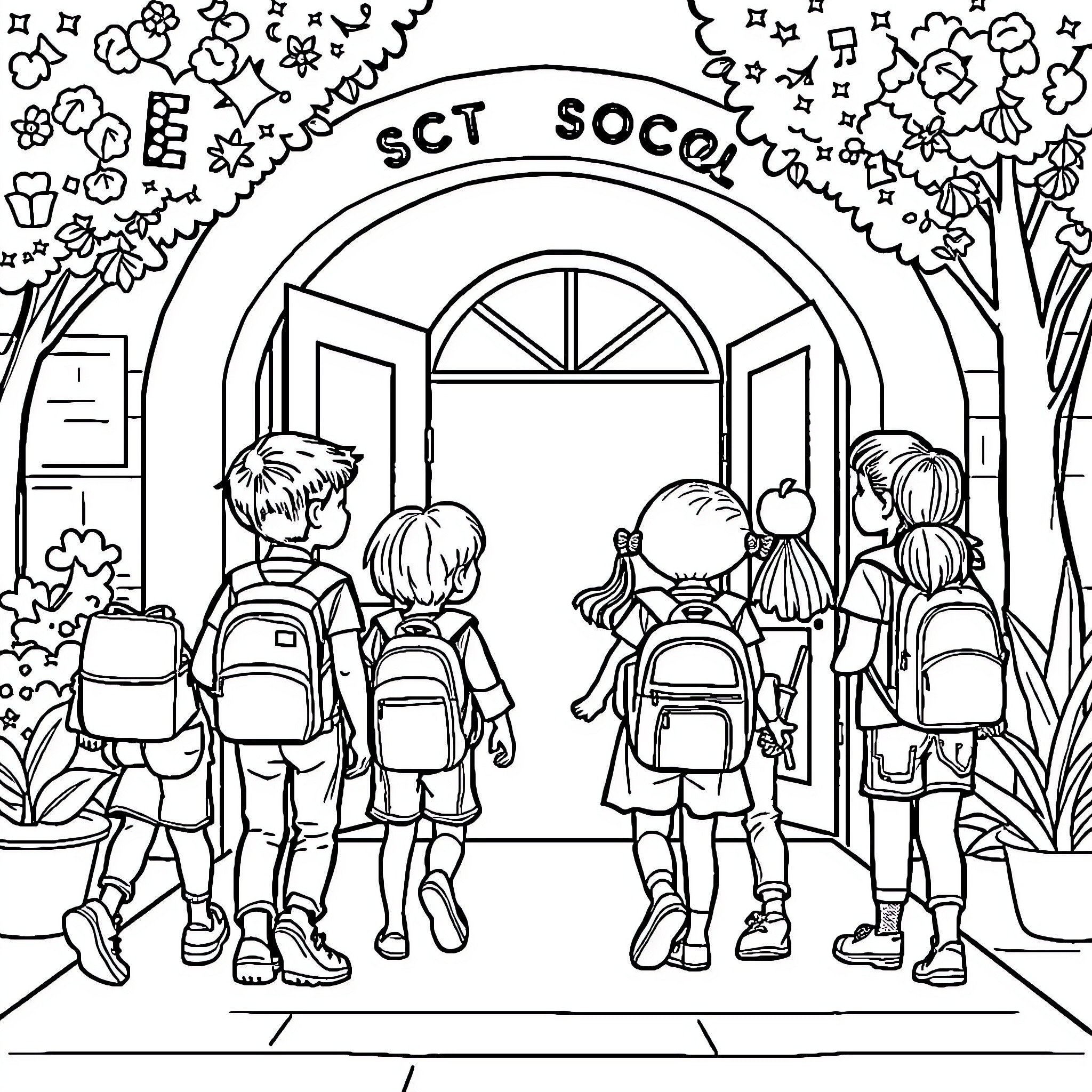 Child Students Entering School Together Coloring Page (free black-and-white line drawing printable PDF for all, from beginners to advanced learners, including children, teens, adults, and seniors)
