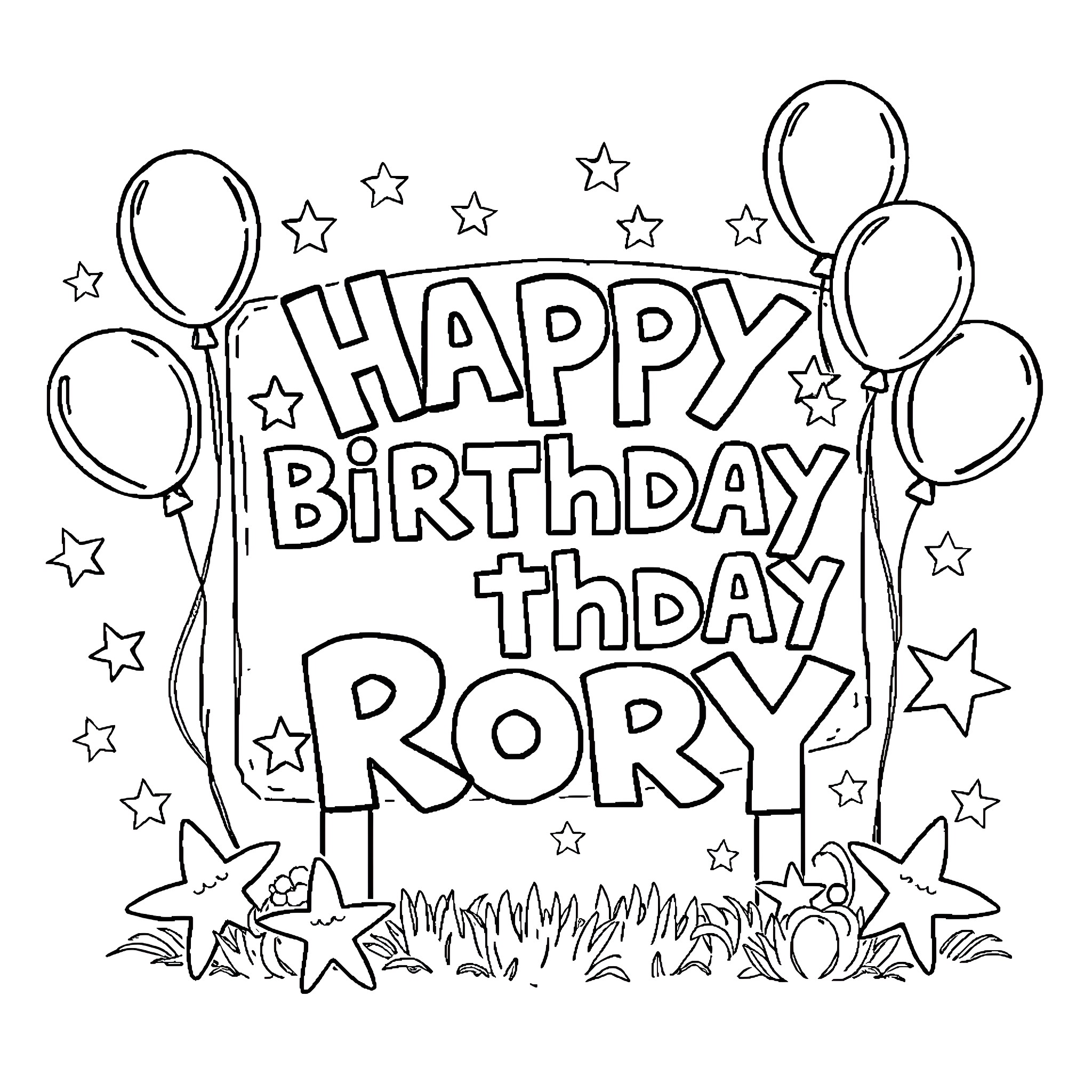 Rory's Happy Birthday with Balloons and Stars Coloring Page (free black-and-white line drawing printable PDF for all, from beginners to advanced learners, including children, teens, adults, and seniors)