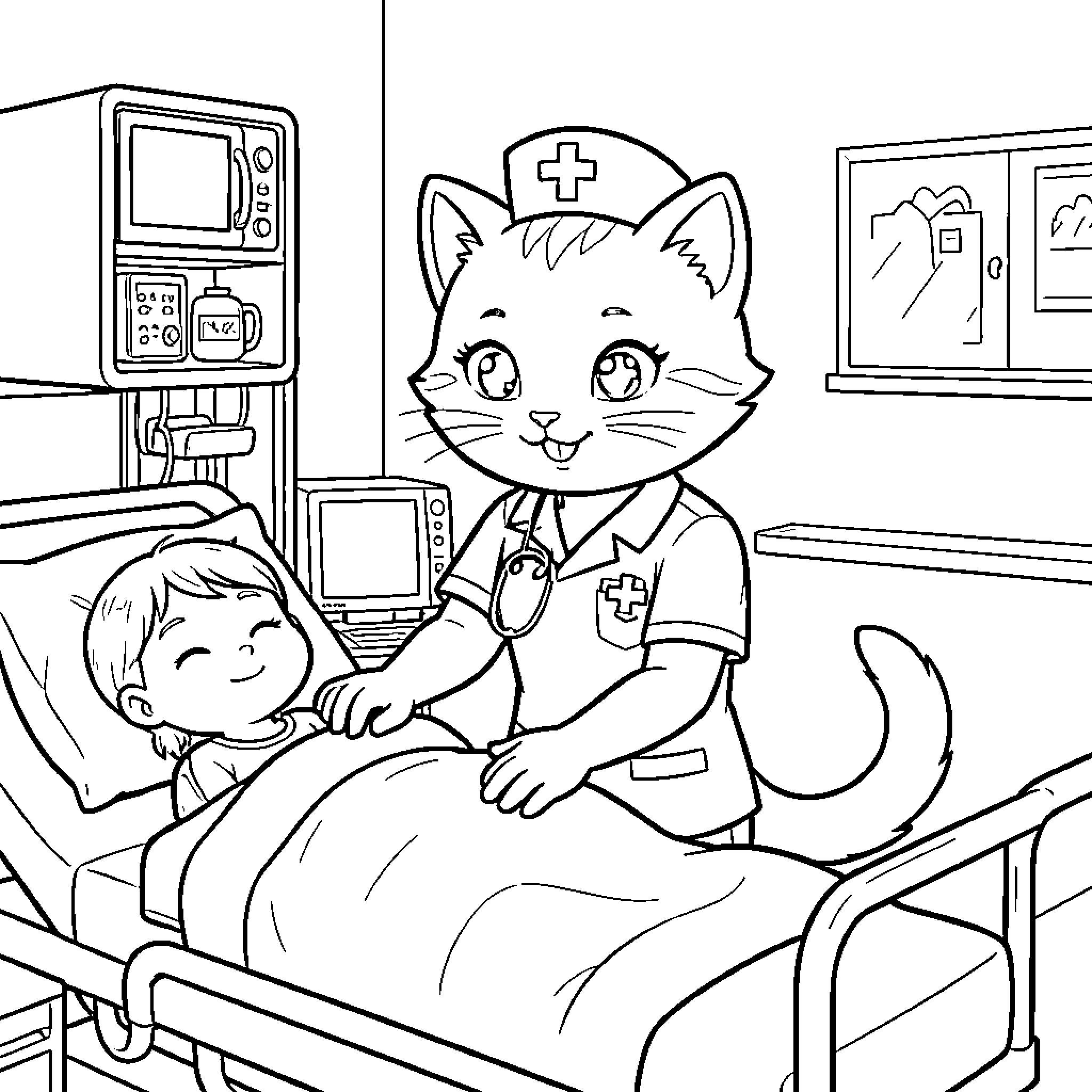 Nurse Cat Caring for Patient in Hospital Coloring Page (free black-and-white line drawing printable PDF for all, from beginners to advanced learners, including children, teens, adults, and seniors)