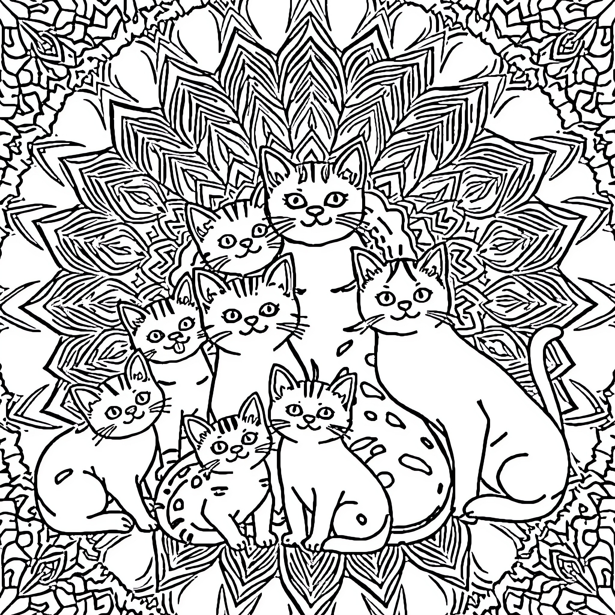 Cat Family in Ornate Floral Mandala Coloring Page (free black-and-white line drawing printable PDF for all, from beginners to advanced learners, including children, teens, adults, and seniors)