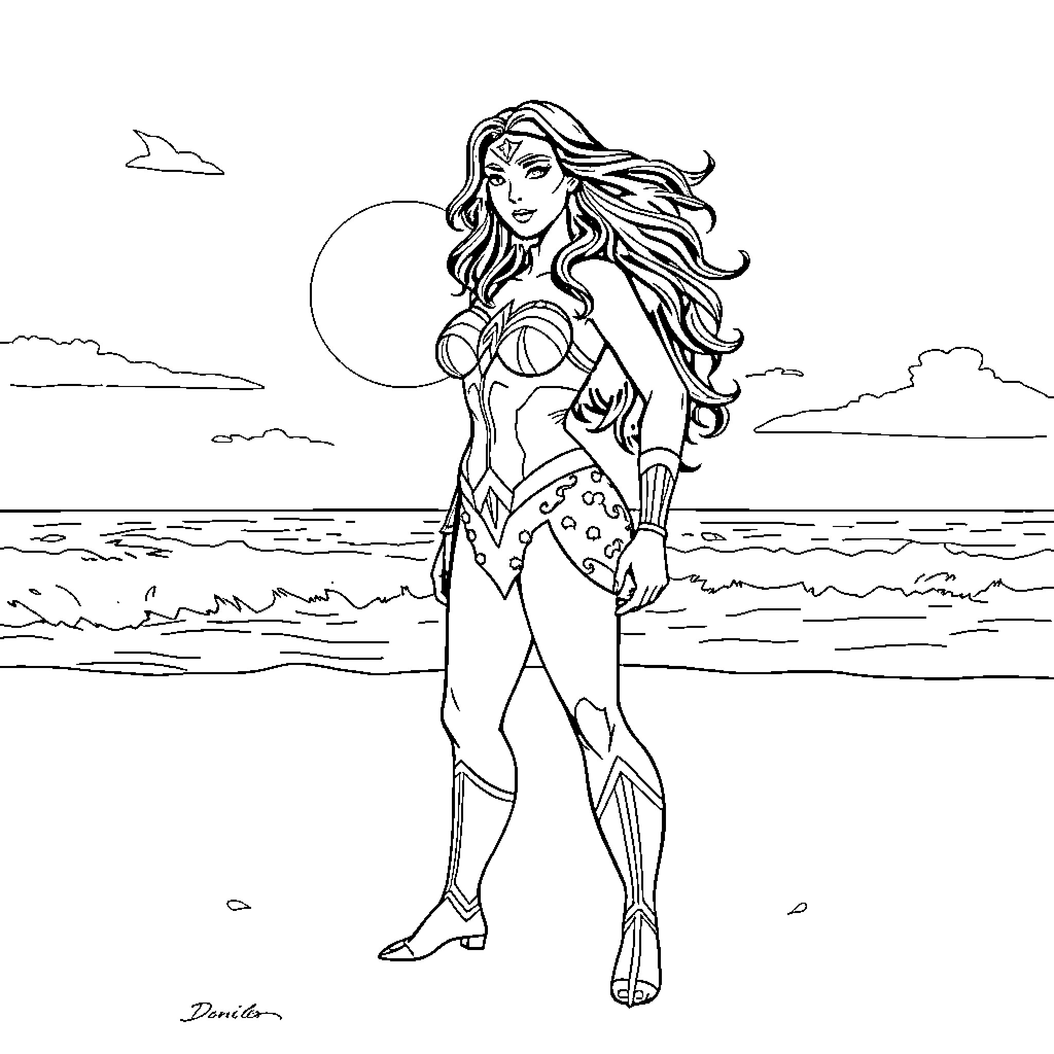 Wonder Woman in heroic pose on the beach Coloring Page (free black-and-white line drawing printable PDF for all, from beginners to advanced learners, including children, teens, adults, and seniors)