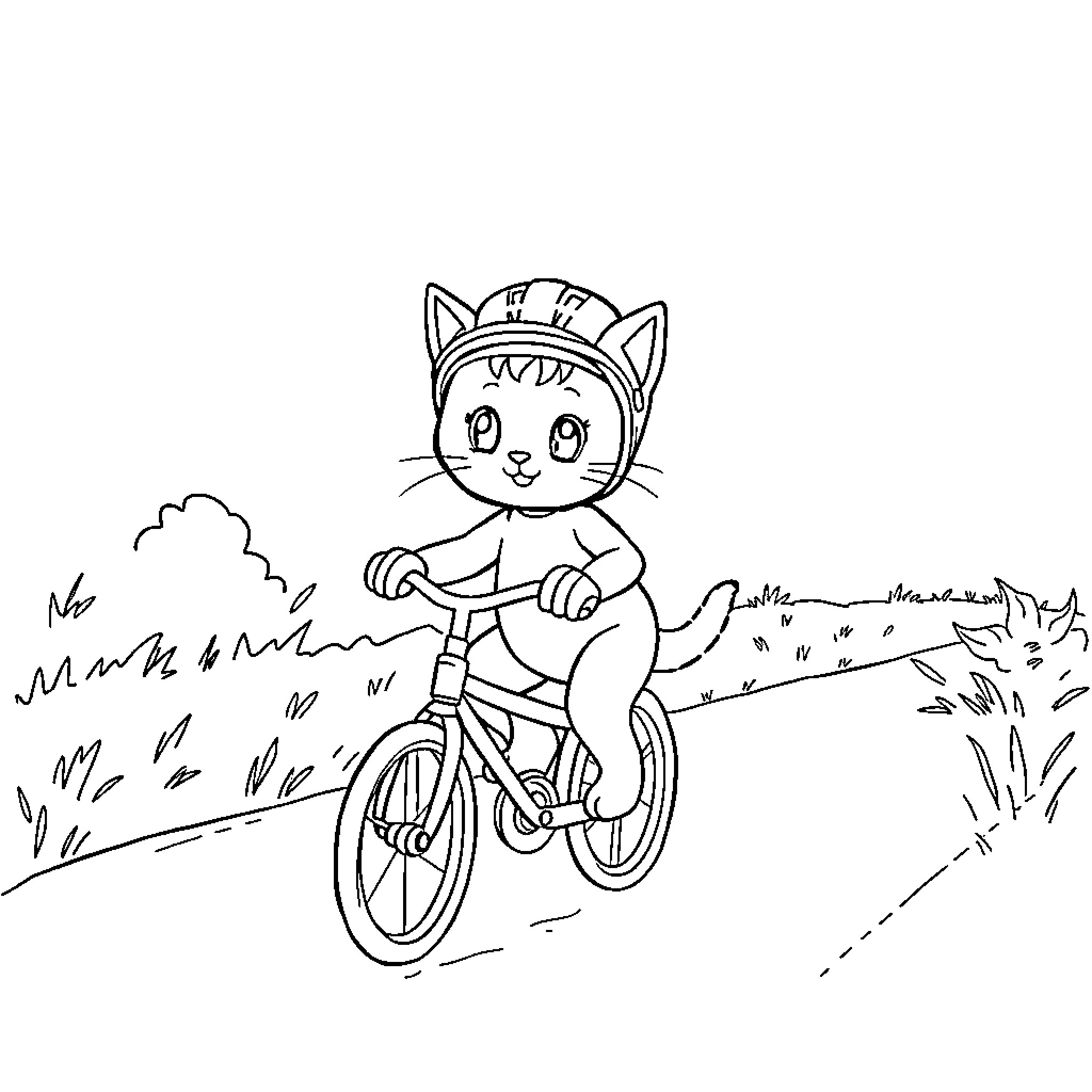 Kitty riding a bicycle in the countryside Coloring Page (free black-and-white line drawing printable PDF for all, from beginners to advanced learners, including children, teens, adults, and seniors)