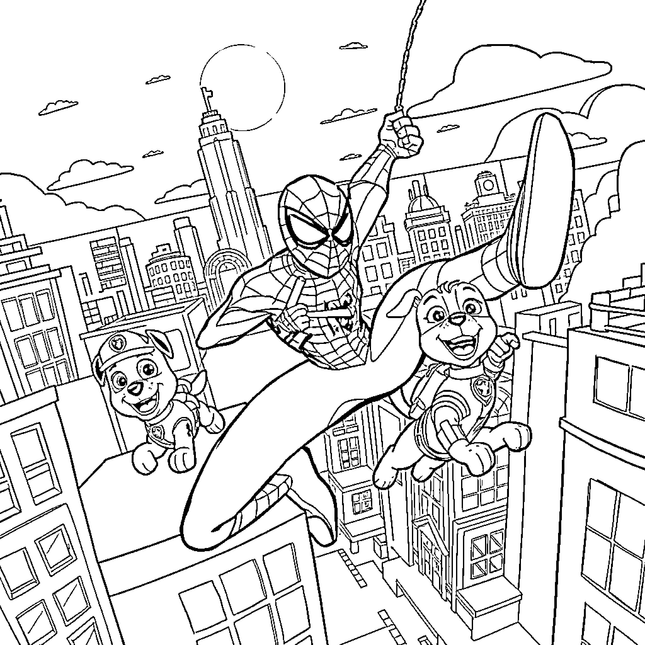 Spider-Man swinging through the city with two friends Coloring Page (free black-and-white line drawing printable PDF for all, from beginners to advanced learners, including children, teens, adults, and seniors)
