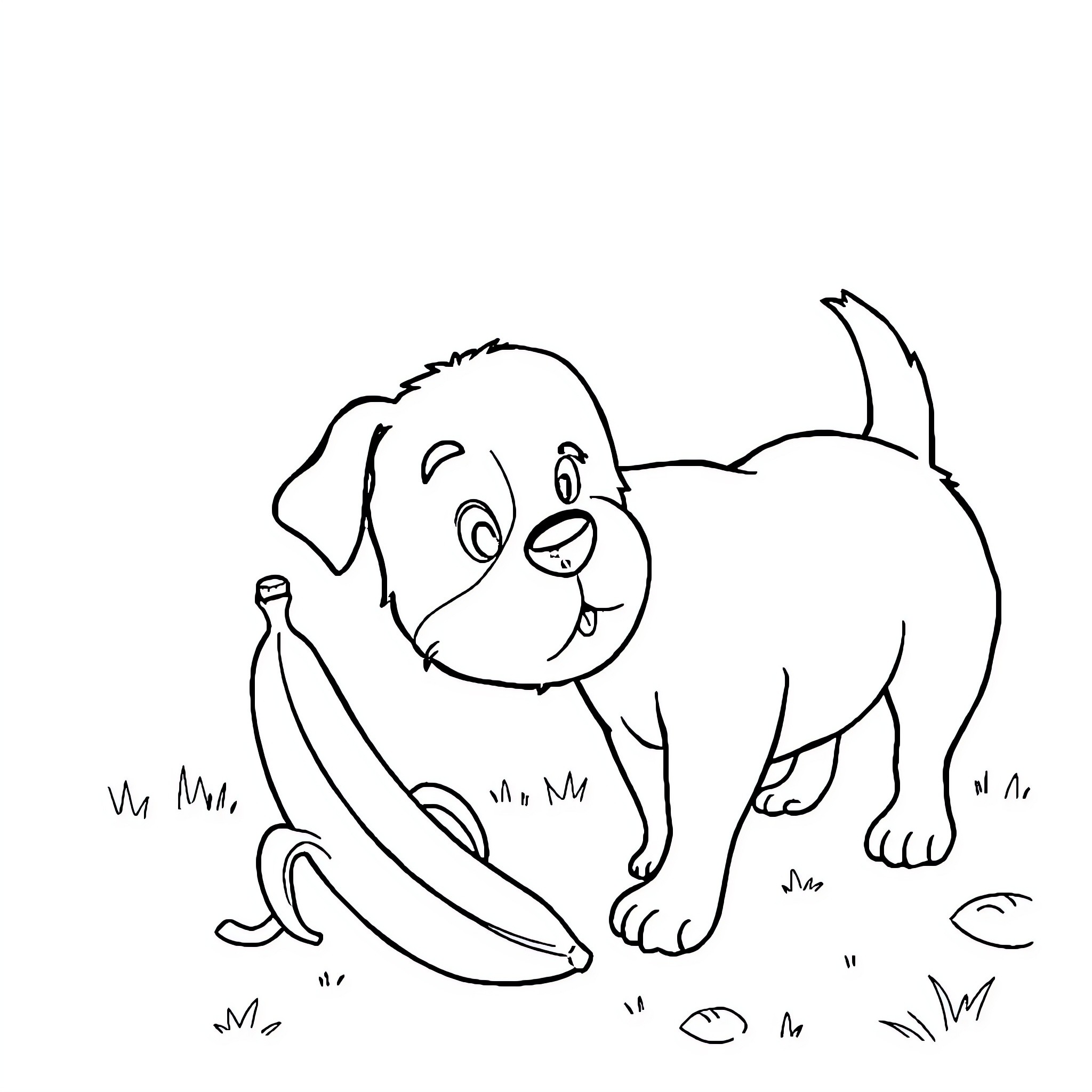 Banana the playful puppy exploring a banana Coloring Page (free black-and-white line drawing printable PDF for all, from beginners to advanced learners, including children, teens, adults, and seniors)