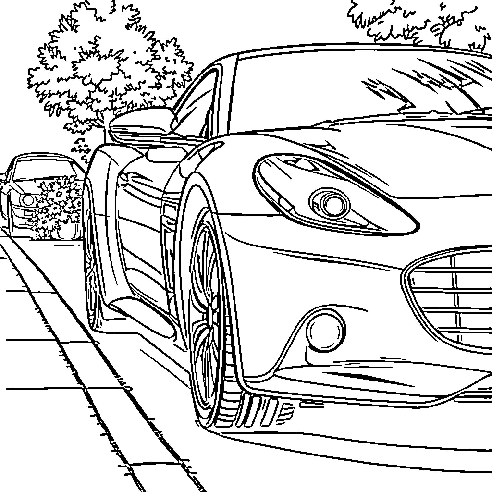 Car speeding through scenic road Coloring Page (free black-and-white line drawing printable PDF for all, from beginners to advanced learners, including children, teens, adults, and seniors)