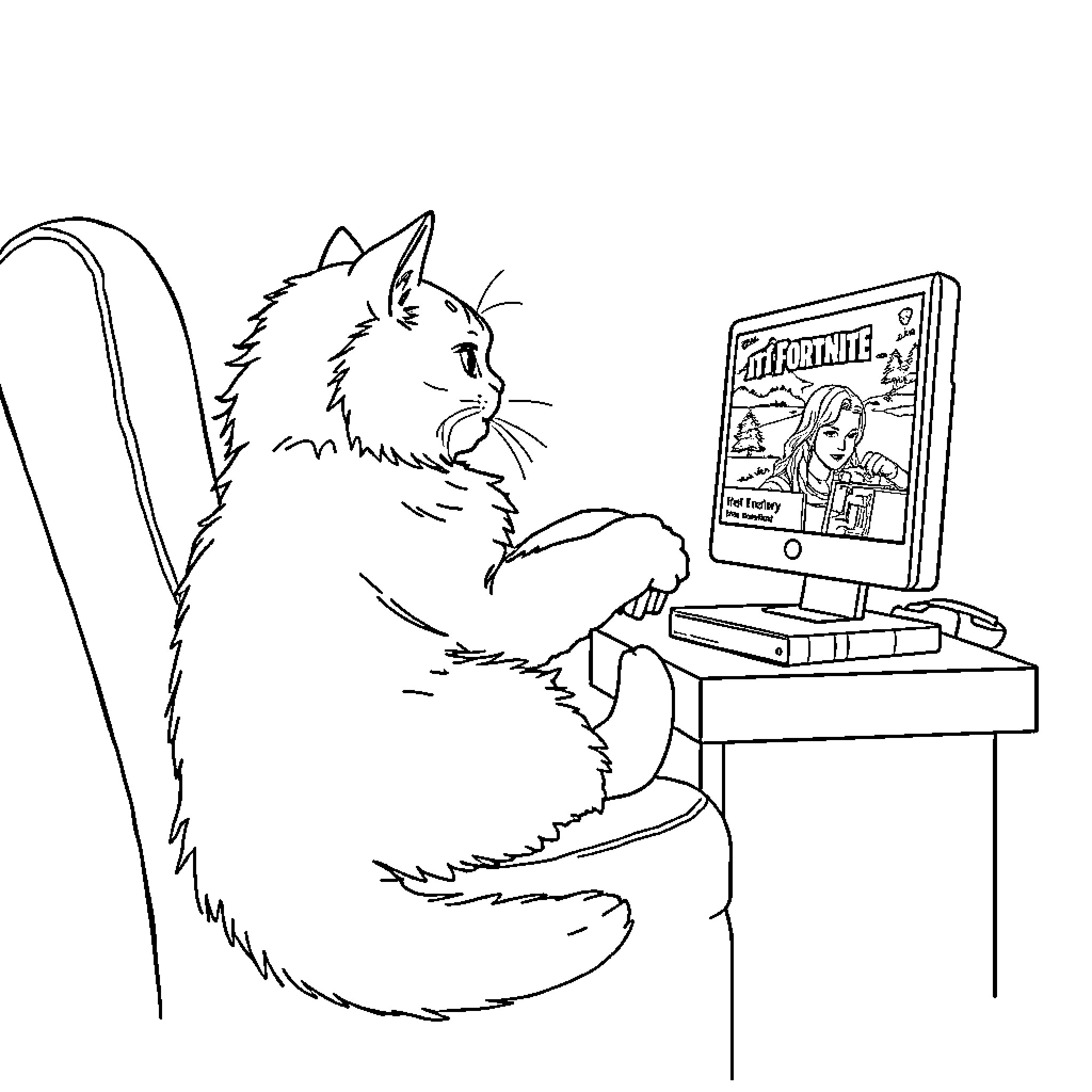 Cat playing video games on computer Coloring Page (free black-and-white line drawing printable PDF for all, from beginners to advanced learners, including children, teens, adults, and seniors)