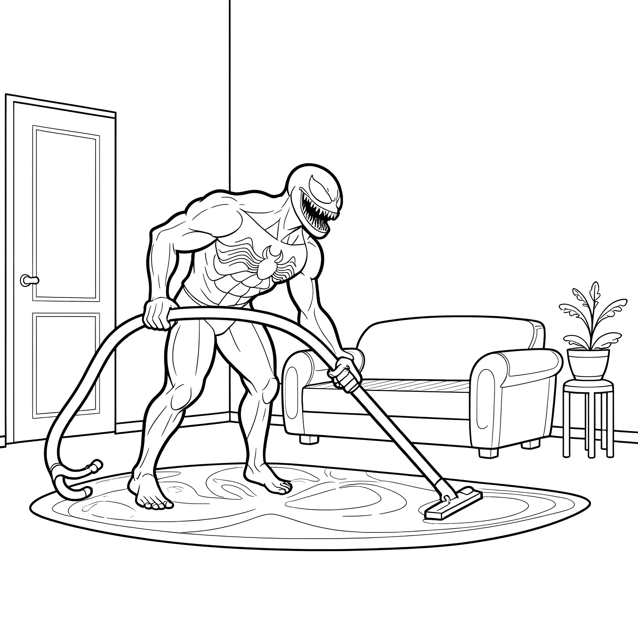 Venom cleaning the living room with a vacuum Coloring Page (free black-and-white line drawing printable PDF for all, from beginners to advanced learners, including children, teens, adults, and seniors)