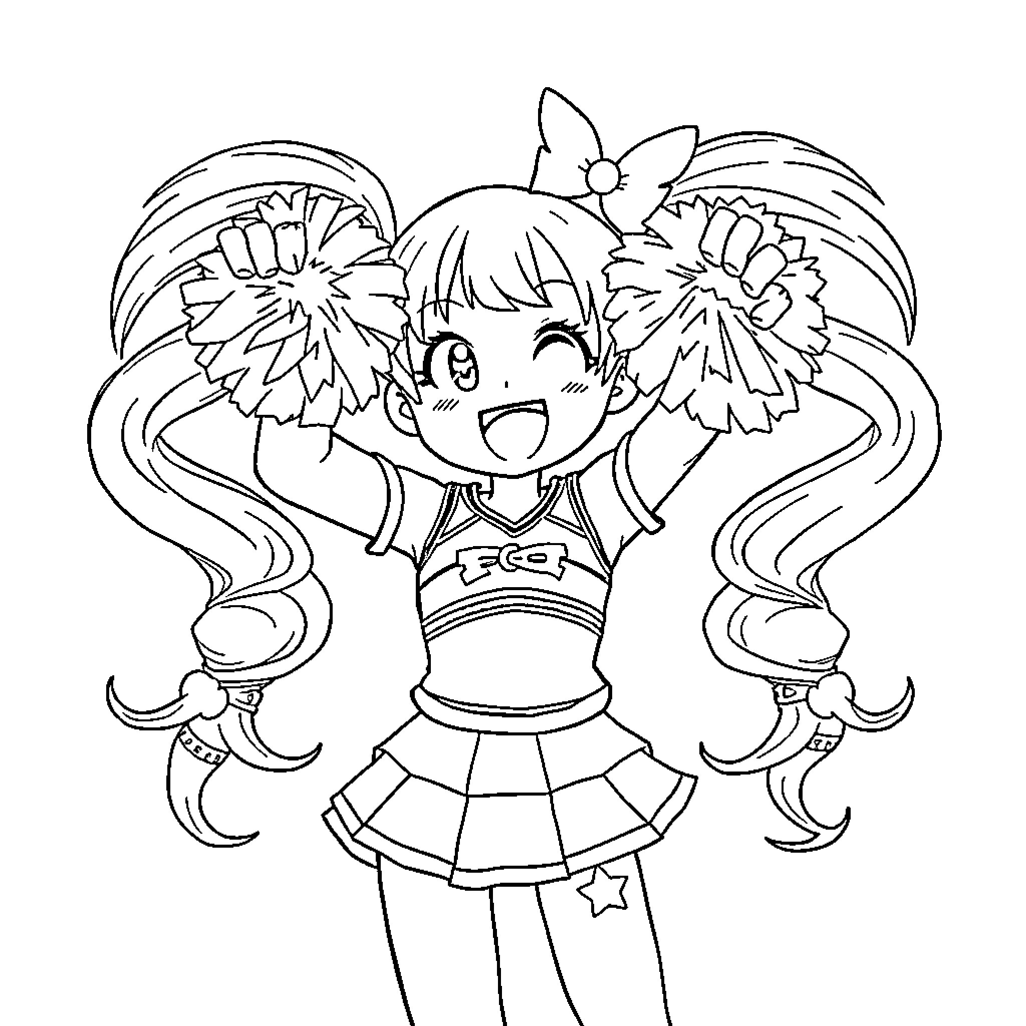 Kuromi as a Cheerful Anime Cheerleader Coloring Page (free black-and-white line drawing printable PDF for all, from beginners to advanced learners, including children, teens, adults, and seniors)