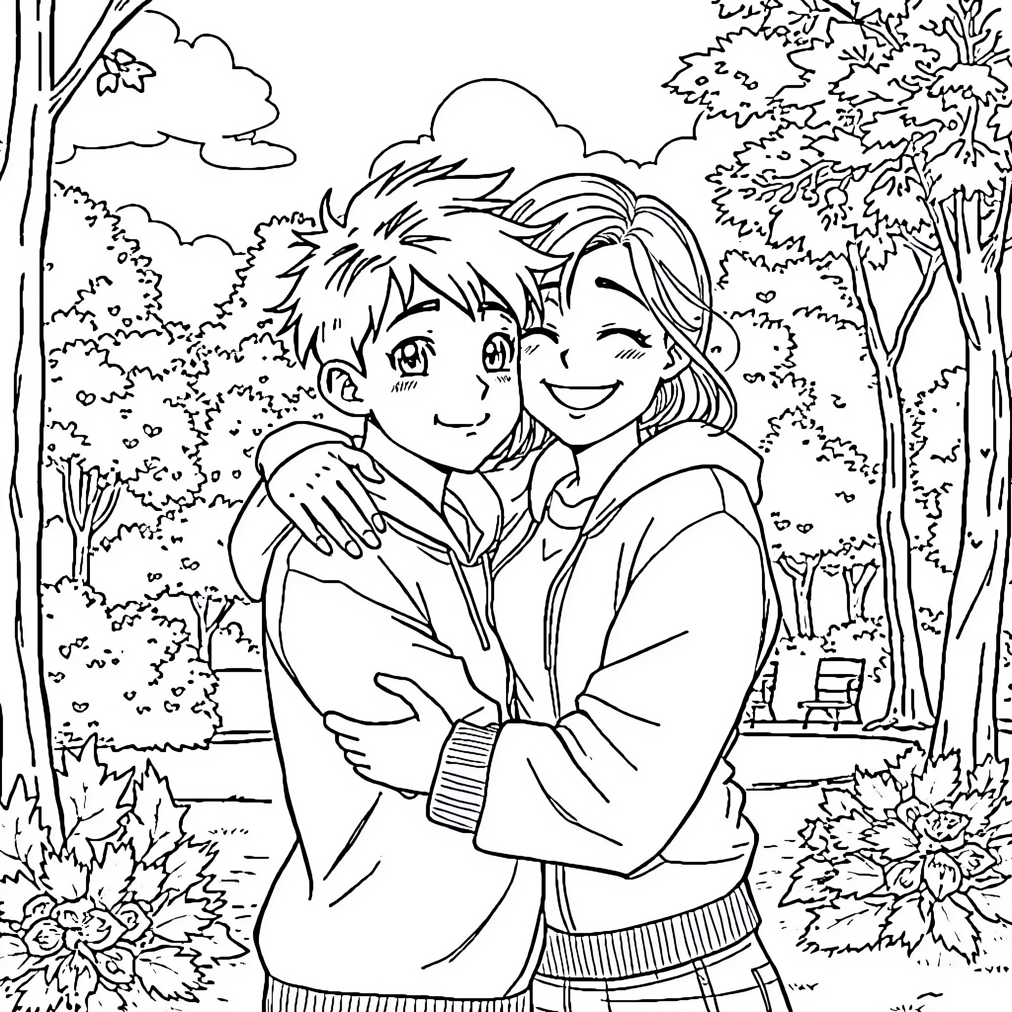 Anime Man Embracing Cheerful Partner in Tranquil Outdoor Setting Coloring Page (free black-and-white line drawing printable PDF for all, from beginners to advanced learners, including children, teens, adults, and seniors)