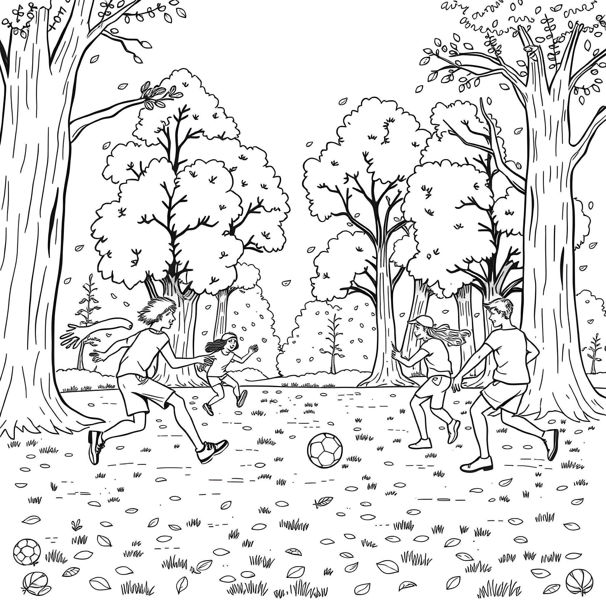 Grove of people playing and relaxing in the forest Coloring Page (free black-and-white line drawing printable PDF for all, from beginners to advanced learners, including children, teens, adults, and seniors)