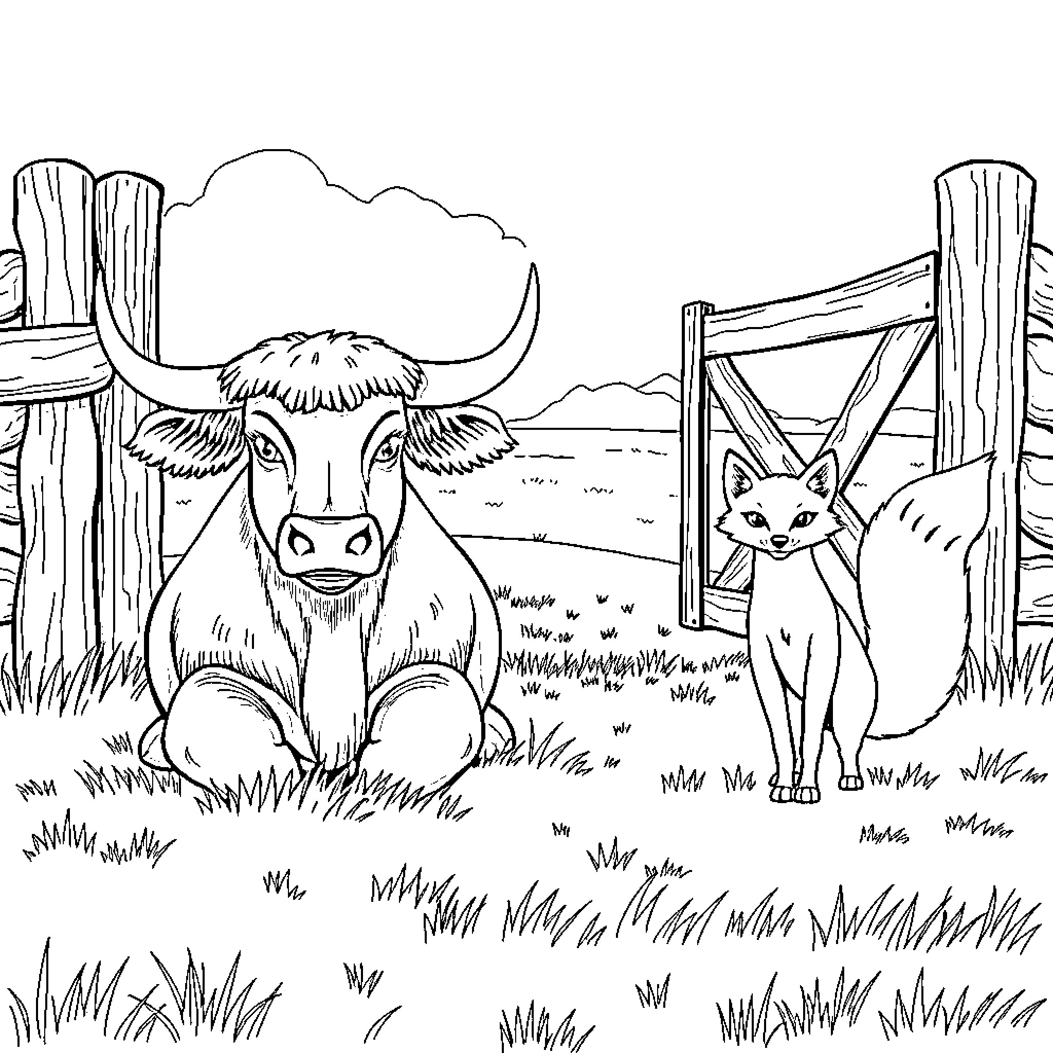 Bull and Fox in the Rural Landscape Coloring Page (free black-and-white line drawing printable PDF for all, from beginners to advanced learners, including children, teens, adults, and seniors)
