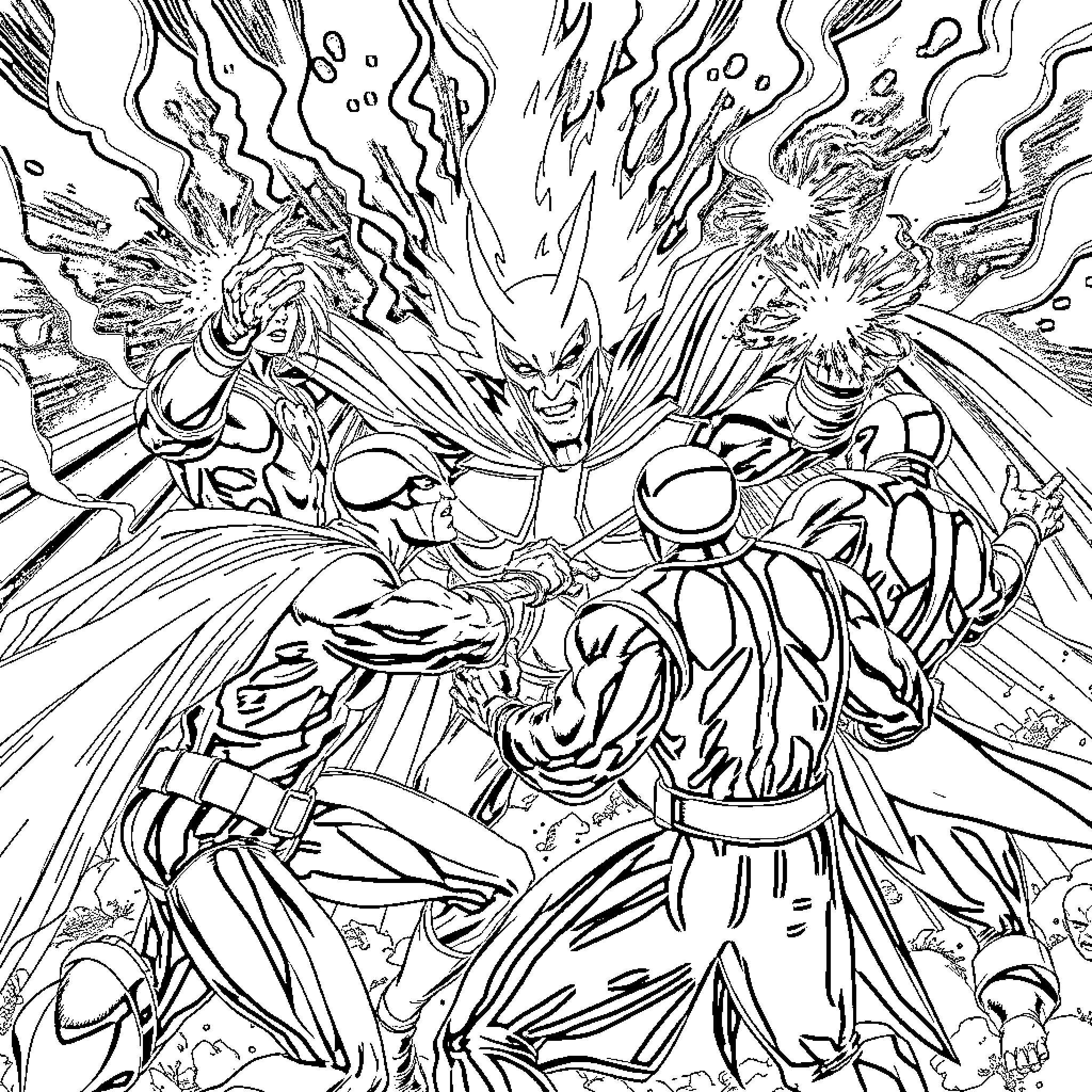X-Men: Explosive Superhero Battle Coloring Page (free black-and-white line drawing printable PDF for all, from beginners to advanced learners, including children, teens, adults, and seniors)