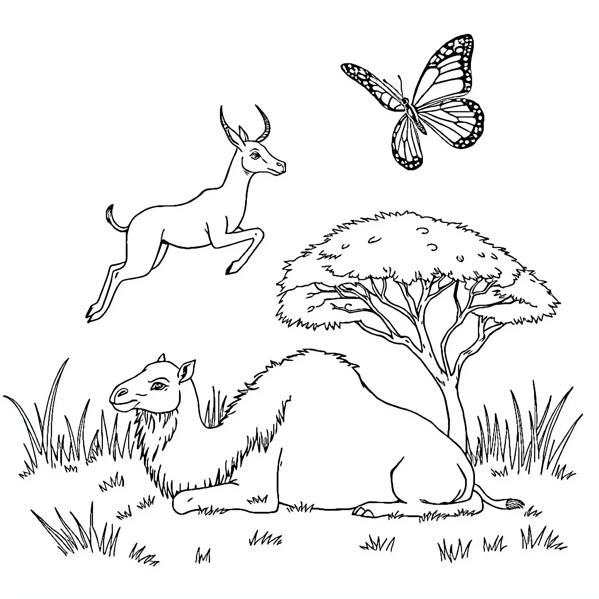 Gazelle running freely with butterflies in nature Coloring Page (free black-and-white line drawing printable PDF for all, from beginners to advanced learners, including children, teens, adults, and seniors)