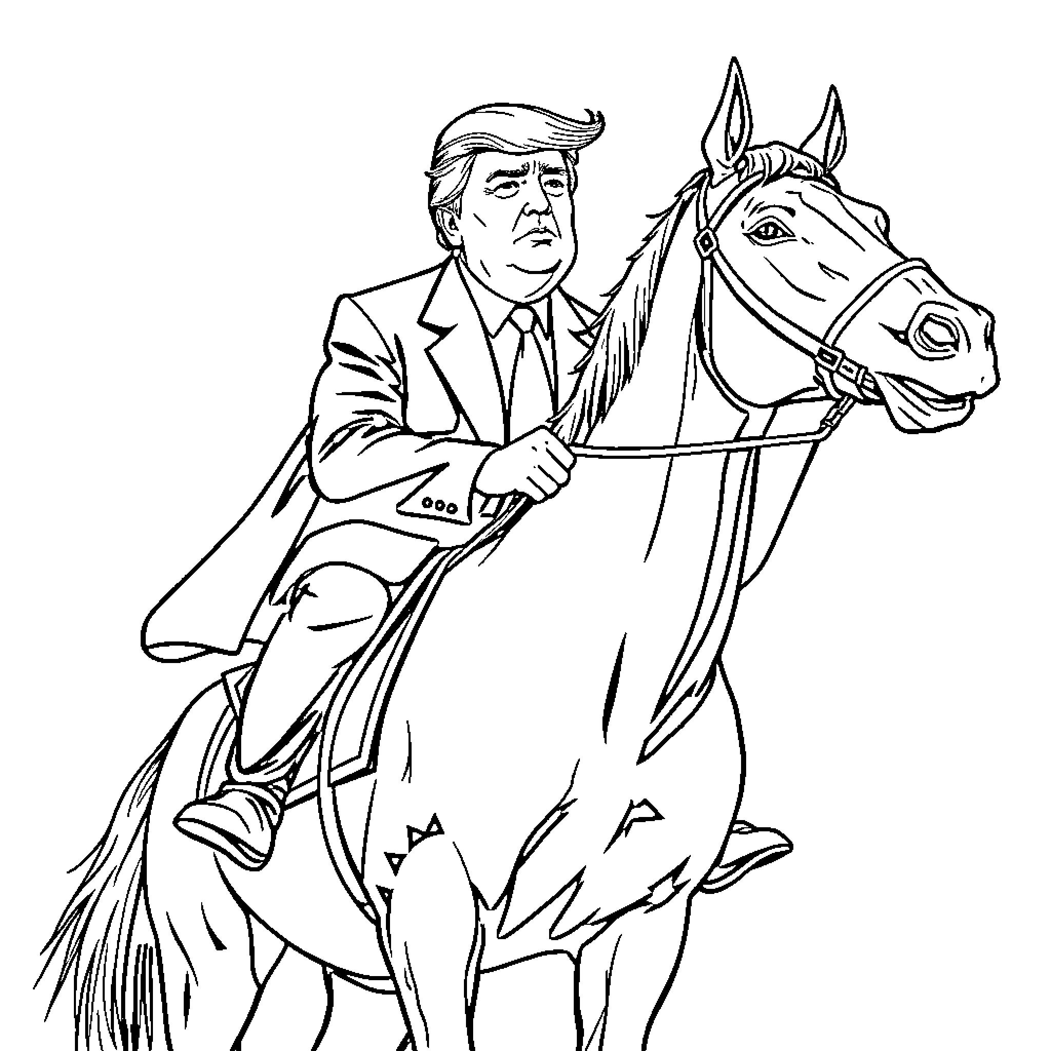 Trump riding a horse in formal attire Coloring Page (free black-and-white line drawing printable PDF for all, from beginners to advanced learners, including children, teens, adults, and seniors)