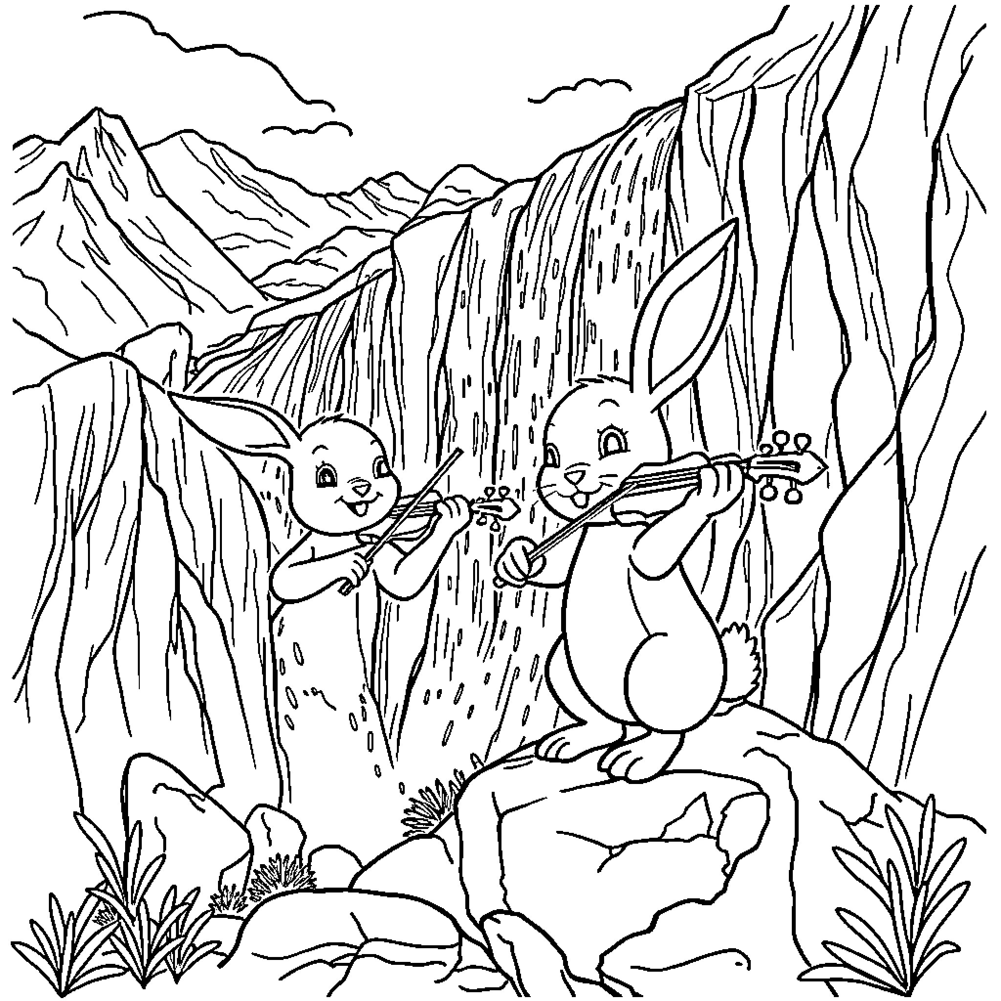 Rabbit musicians performing in mountain landscape Coloring Page (free black-and-white line drawing printable PDF for all, from beginners to advanced learners, including children, teens, adults, and seniors)