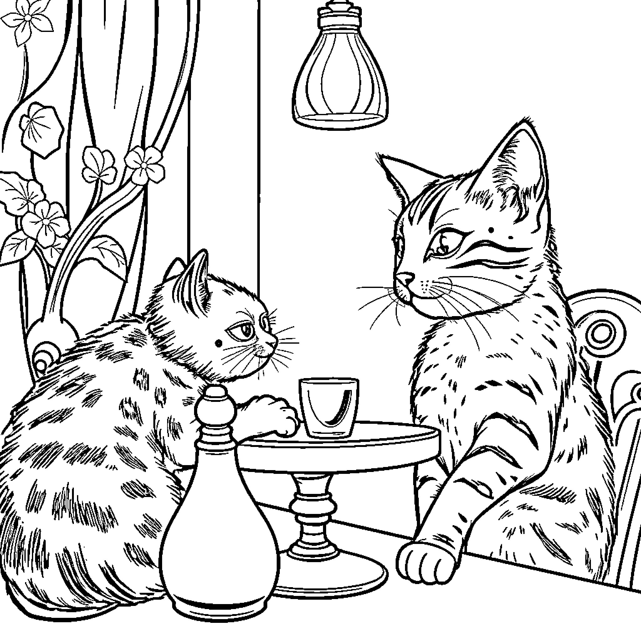 Ponmi: Playful Felines in a Cozy Interior Coloring Page (free black-and-white line drawing printable PDF for all, from beginners to advanced learners, including children, teens, adults, and seniors)