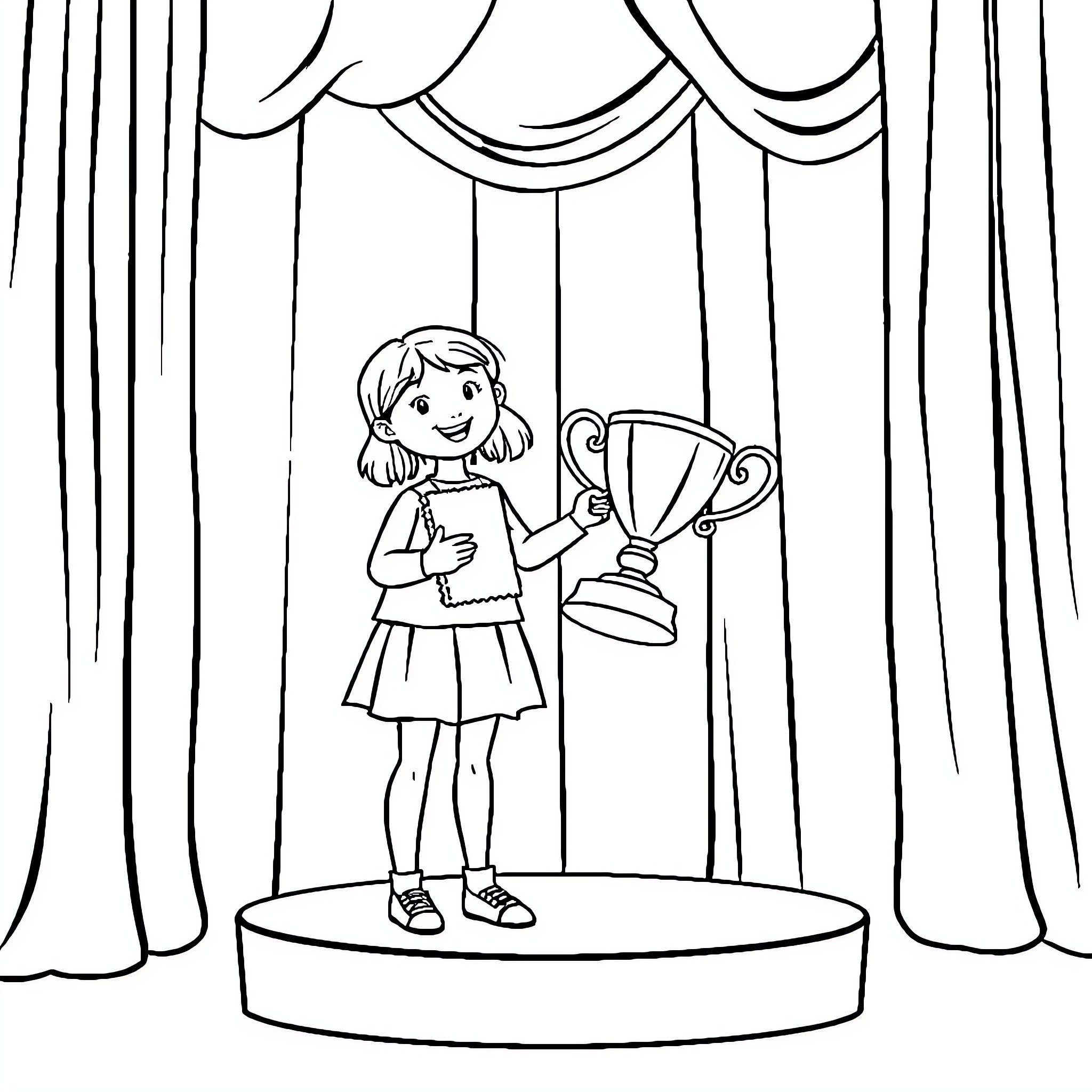 Girl Winning a Trophy on Stage Coloring Page (free black-and-white line drawing printable PDF for all, from beginners to advanced learners, including children, teens, adults, and seniors)