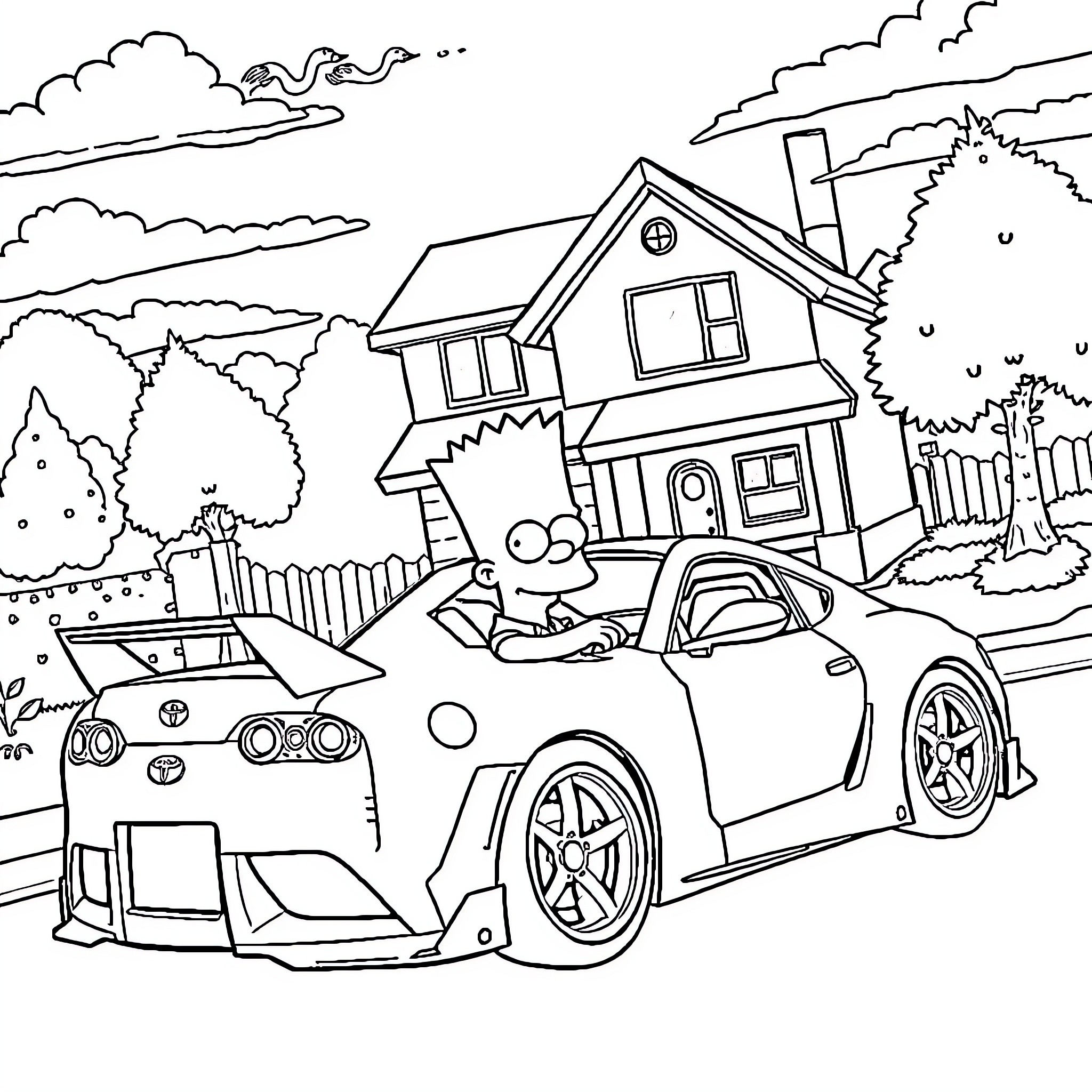 Bart Simpson driving a sports car near his home Coloring Page (free black-and-white line drawing printable PDF for all, from beginners to advanced learners, including children, teens, adults, and seniors)