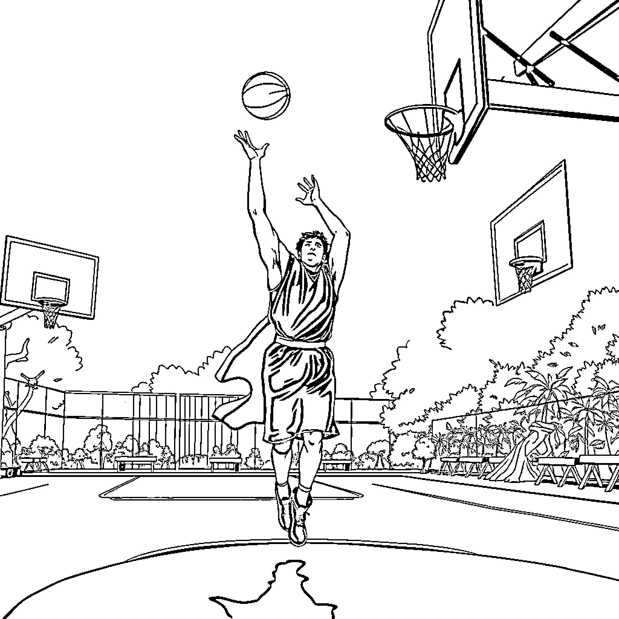 Princess Bride Basketball Game Coloring Page (free black-and-white line drawing printable PDF for all, from beginners to advanced learners, including children, teens, adults, and seniors)