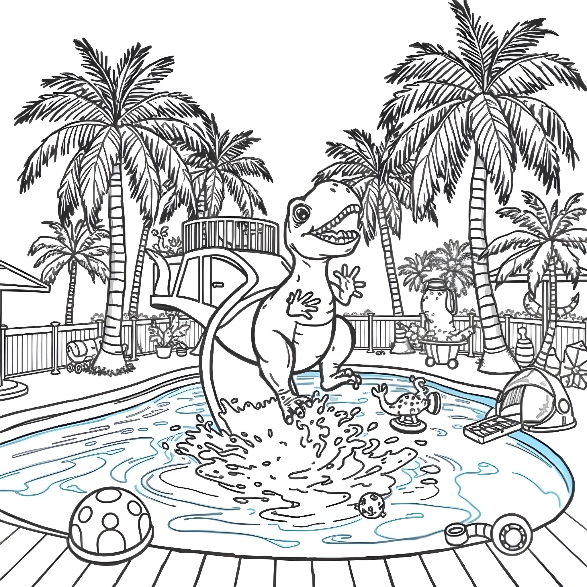 Dinosaur playing in tropical vacation resort Coloring Page (free black-and-white line drawing printable PDF for all, from beginners to advanced learners, including children, teens, adults, and seniors)