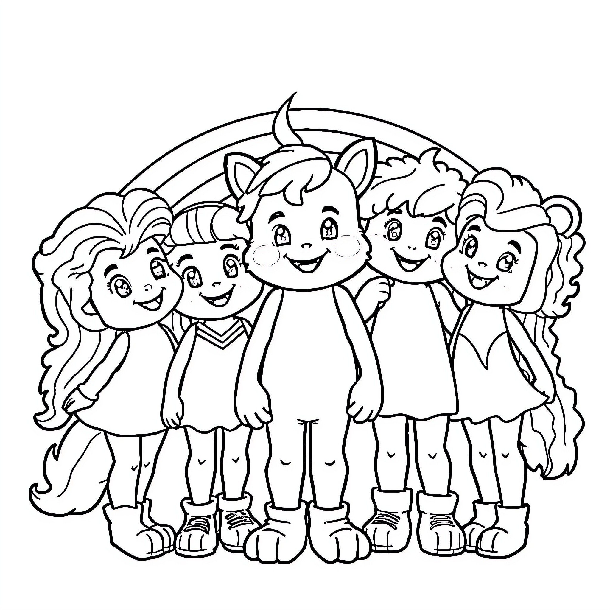 Rainbow Friend's Joyful Gathering Coloring Page (free black-and-white line drawing printable PDF for all, from beginners to advanced learners, including children, teens, adults, and seniors)