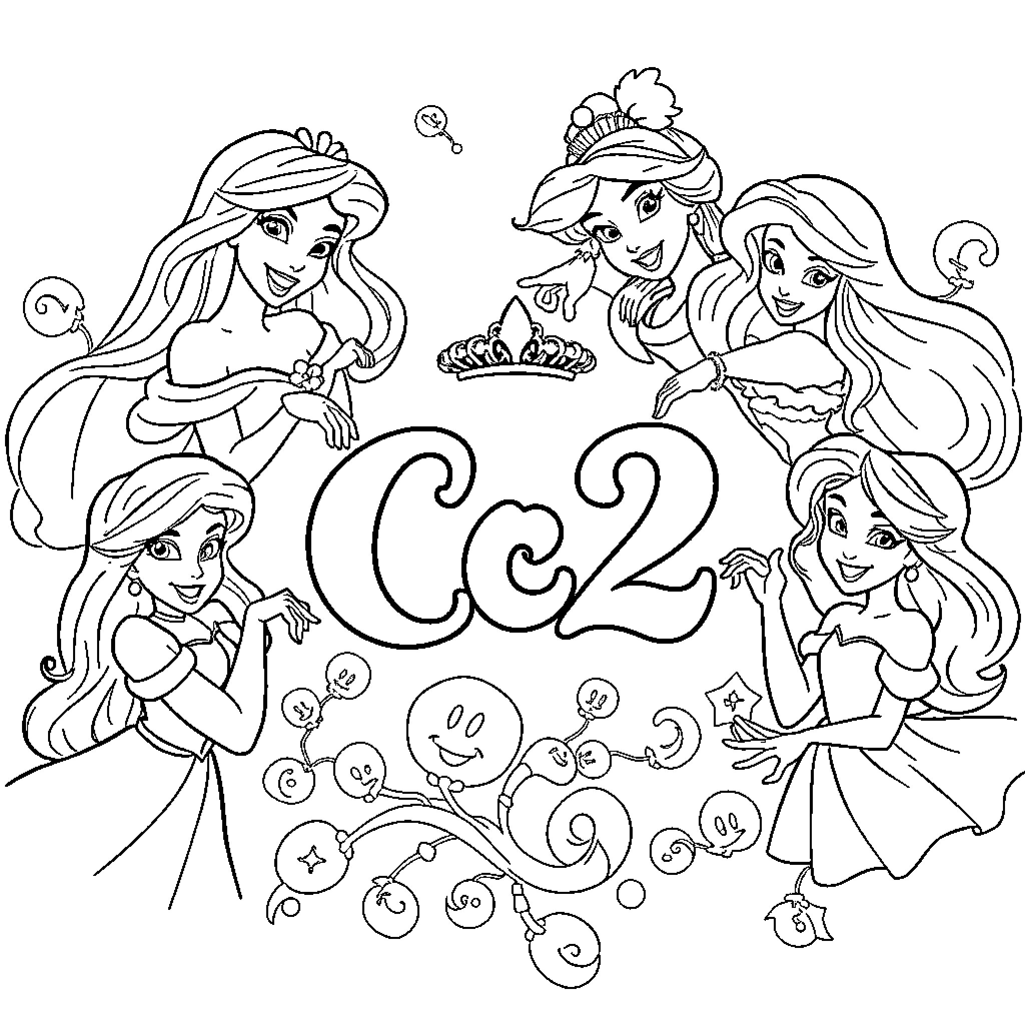 Princess Characters in Magical Celebration Coloring Page (free black-and-white line drawing printable PDF for all, from beginners to advanced learners, including children, teens, adults, and seniors)