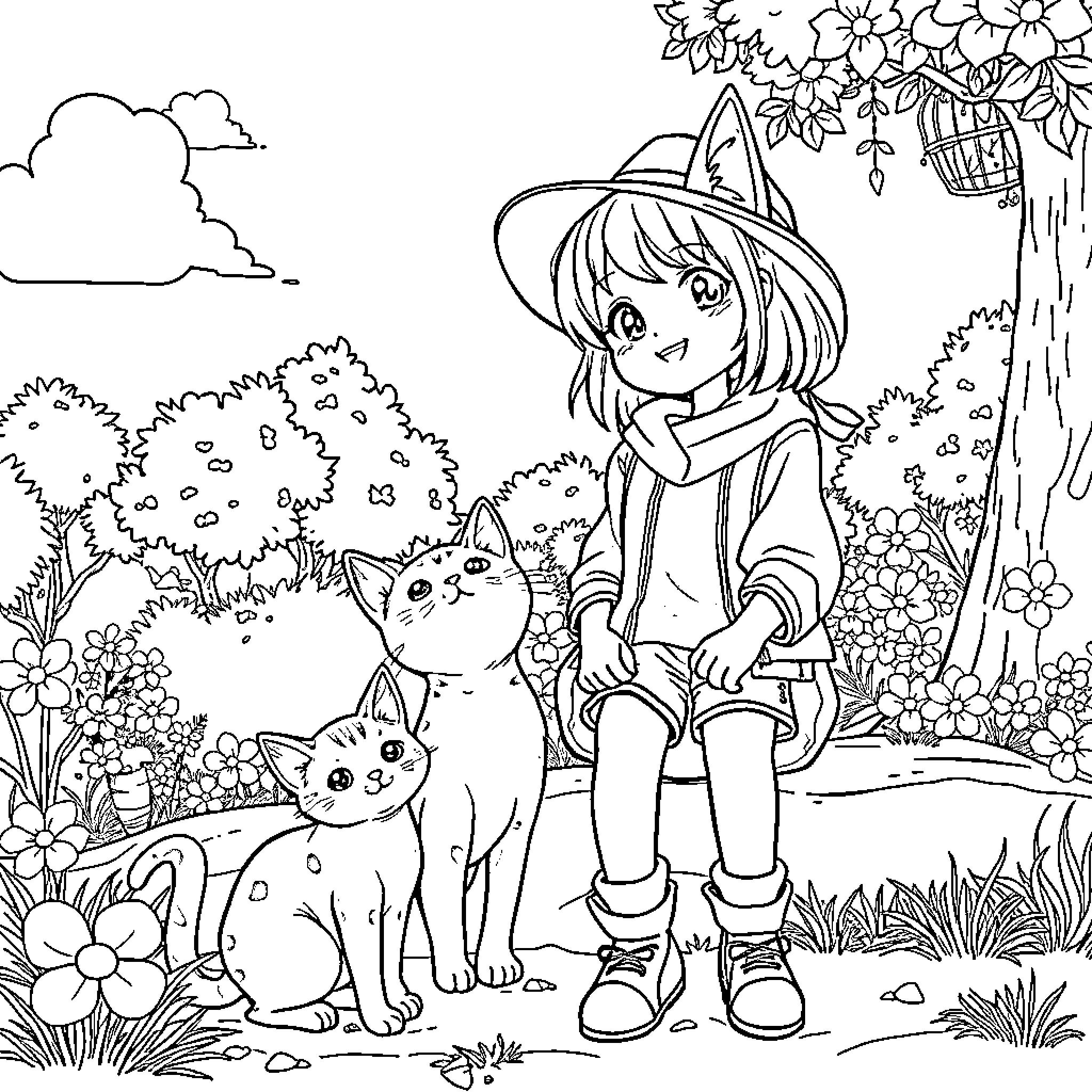 Anime Girl in Flower Garden with Cats Coloring Page (free black-and-white line drawing printable PDF for all, from beginners to advanced learners, including children, teens, adults, and seniors)