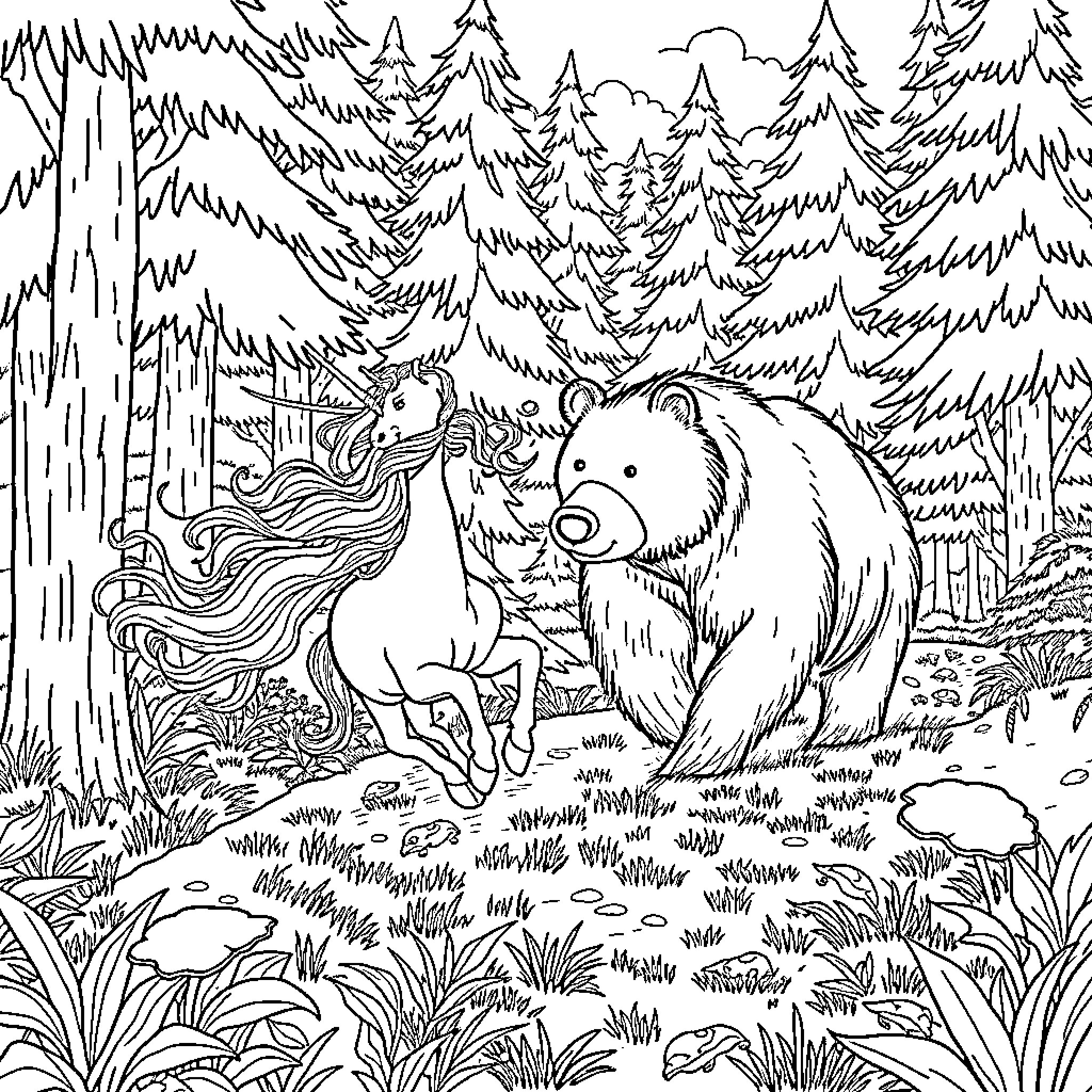 Unicorn and Bear in the Enchanted Forest Coloring Page (free black-and-white line drawing printable PDF for all, from beginners to advanced learners, including children, teens, adults, and seniors)