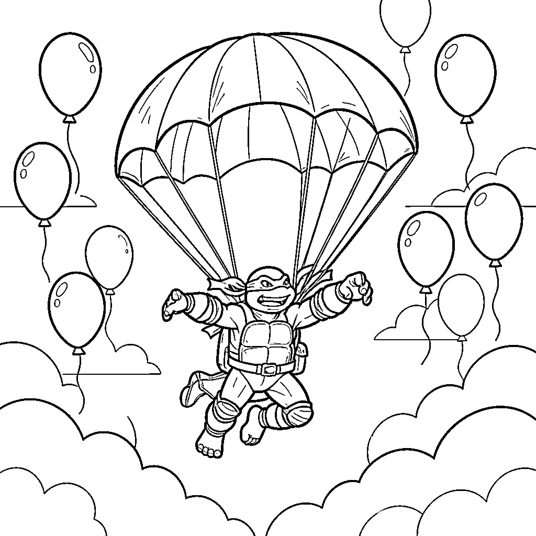 Ninja Turtle parachuting with balloons in the sky Coloring Page (free black-and-white line drawing printable PDF for all, from beginners to advanced learners, including children, teens, adults, and seniors)