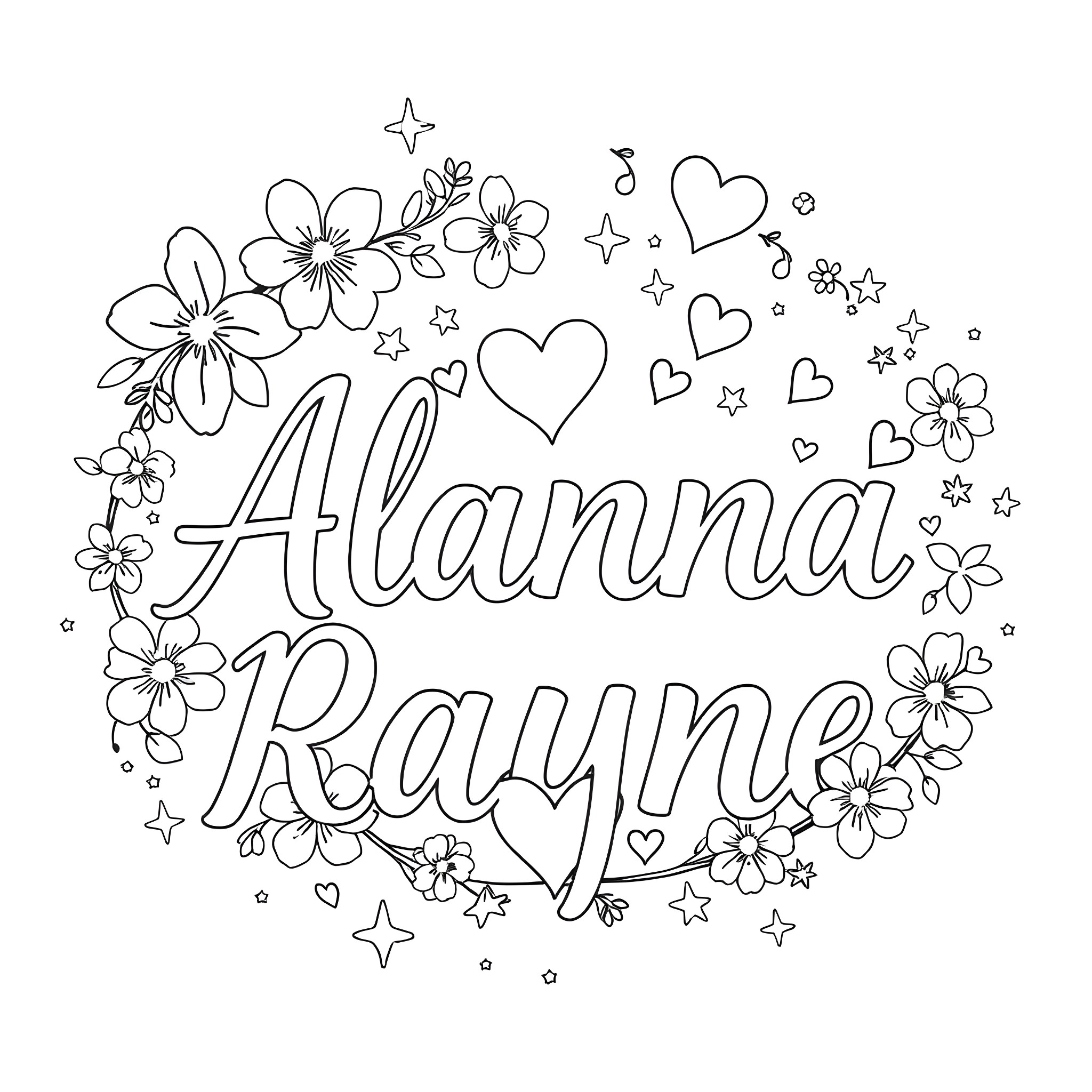 Font of Flowers and Hearts Around Name Coloring Page (free black-and-white line drawing printable PDF for all, from beginners to advanced learners, including children, teens, adults, and seniors)