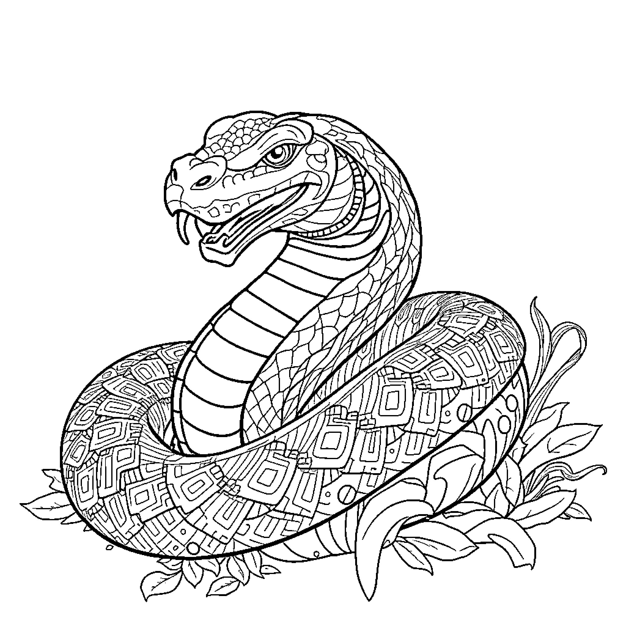 Deer snake coiled in nature Coloring Page (free black-and-white line drawing printable PDF for all, from beginners to advanced learners, including children, teens, adults, and seniors)