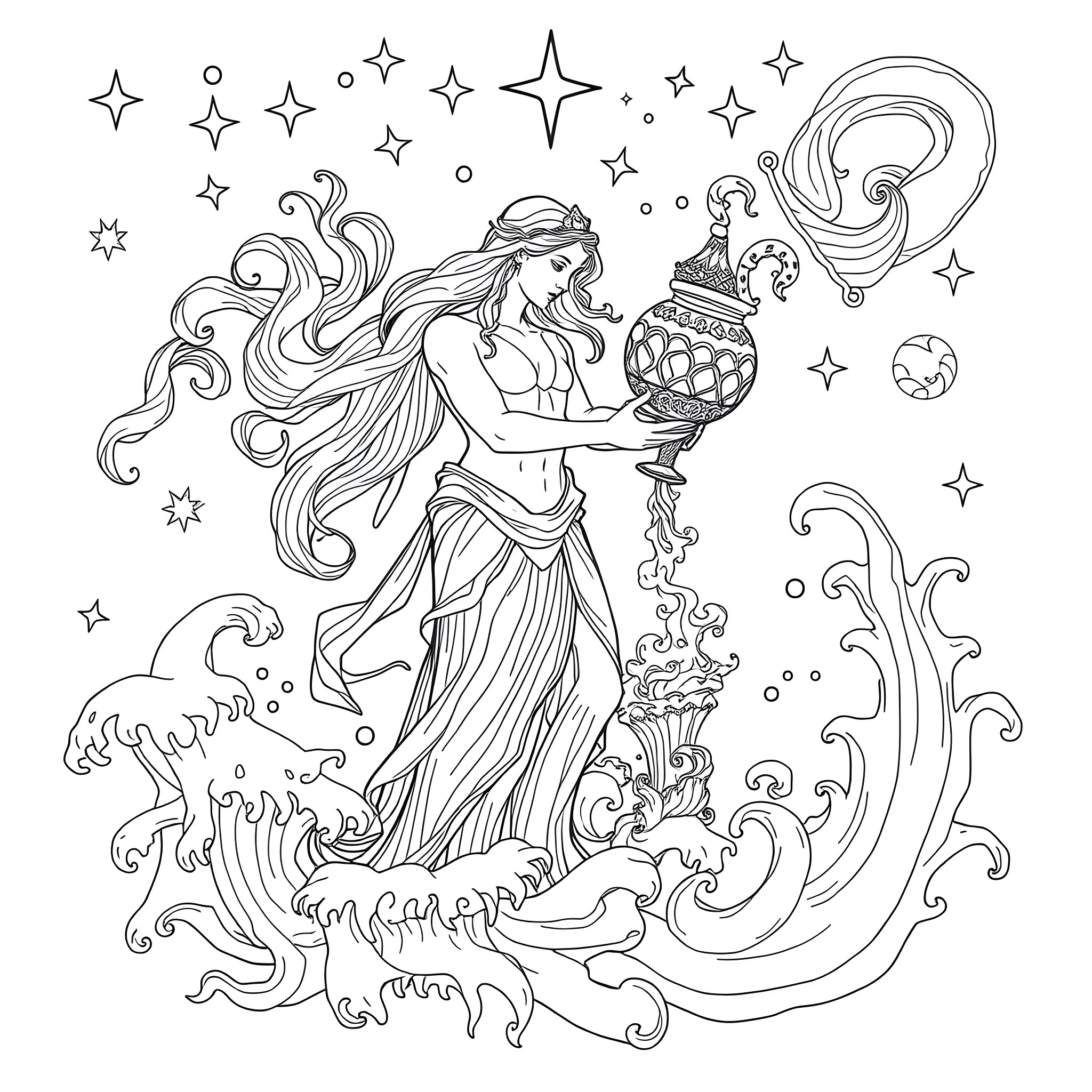 Aquarius: Goddess Carrying Celestial Lantern Amidst Magical Waves Coloring Page (free black-and-white line drawing printable PDF for all, from beginners to advanced learners, including children, teens, adults, and seniors)