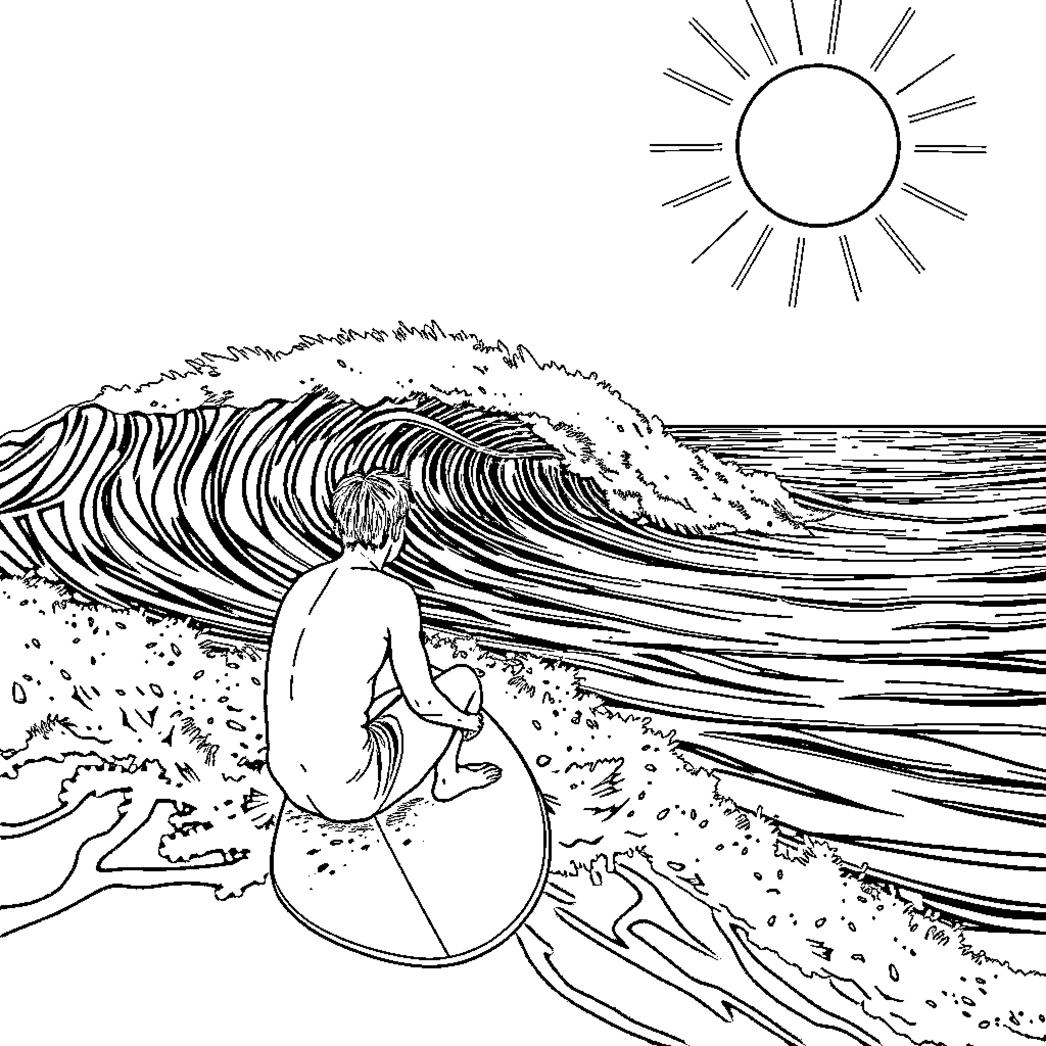 Surfer riding massive ocean wave under the sun Coloring Page (free black-and-white line drawing printable PDF for all, from beginners to advanced learners, including children, teens, adults, and seniors)