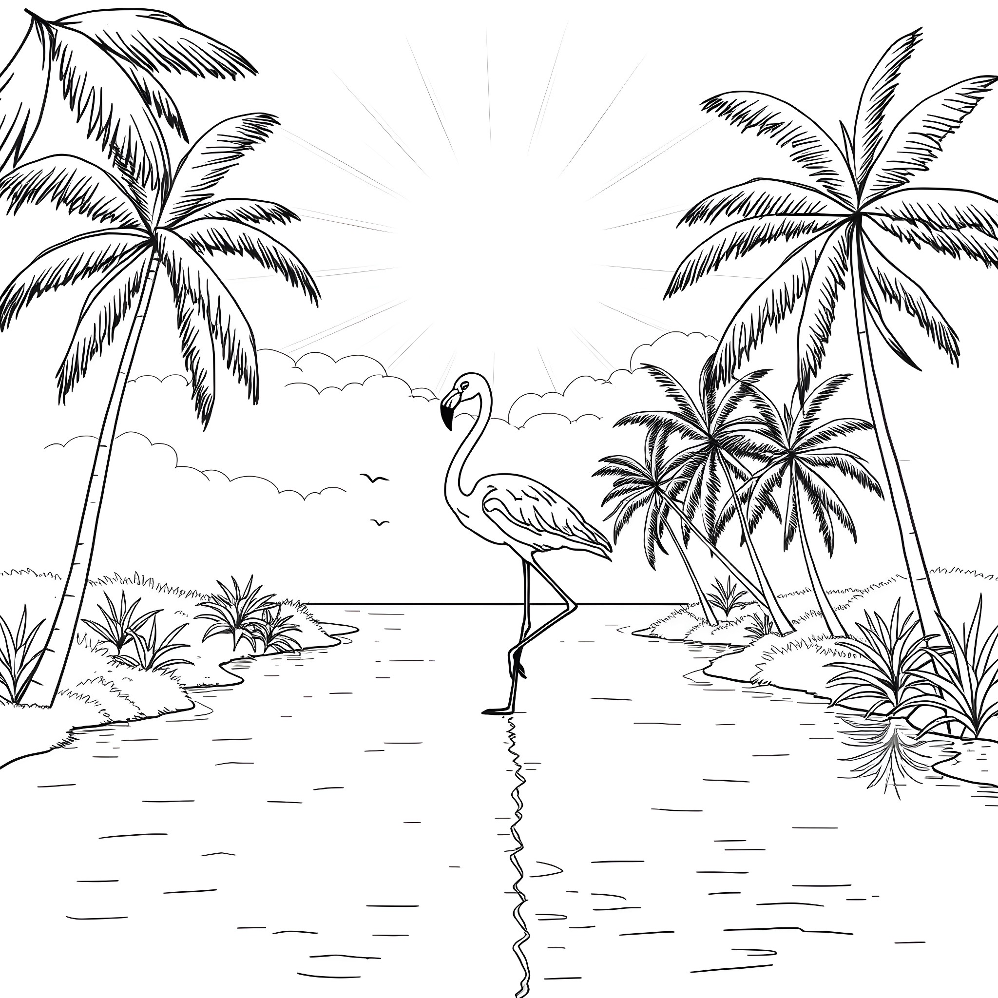 Flamingo standing in tropical paradise Coloring Page (free black-and-white line drawing printable PDF for all, from beginners to advanced learners, including children, teens, adults, and seniors)