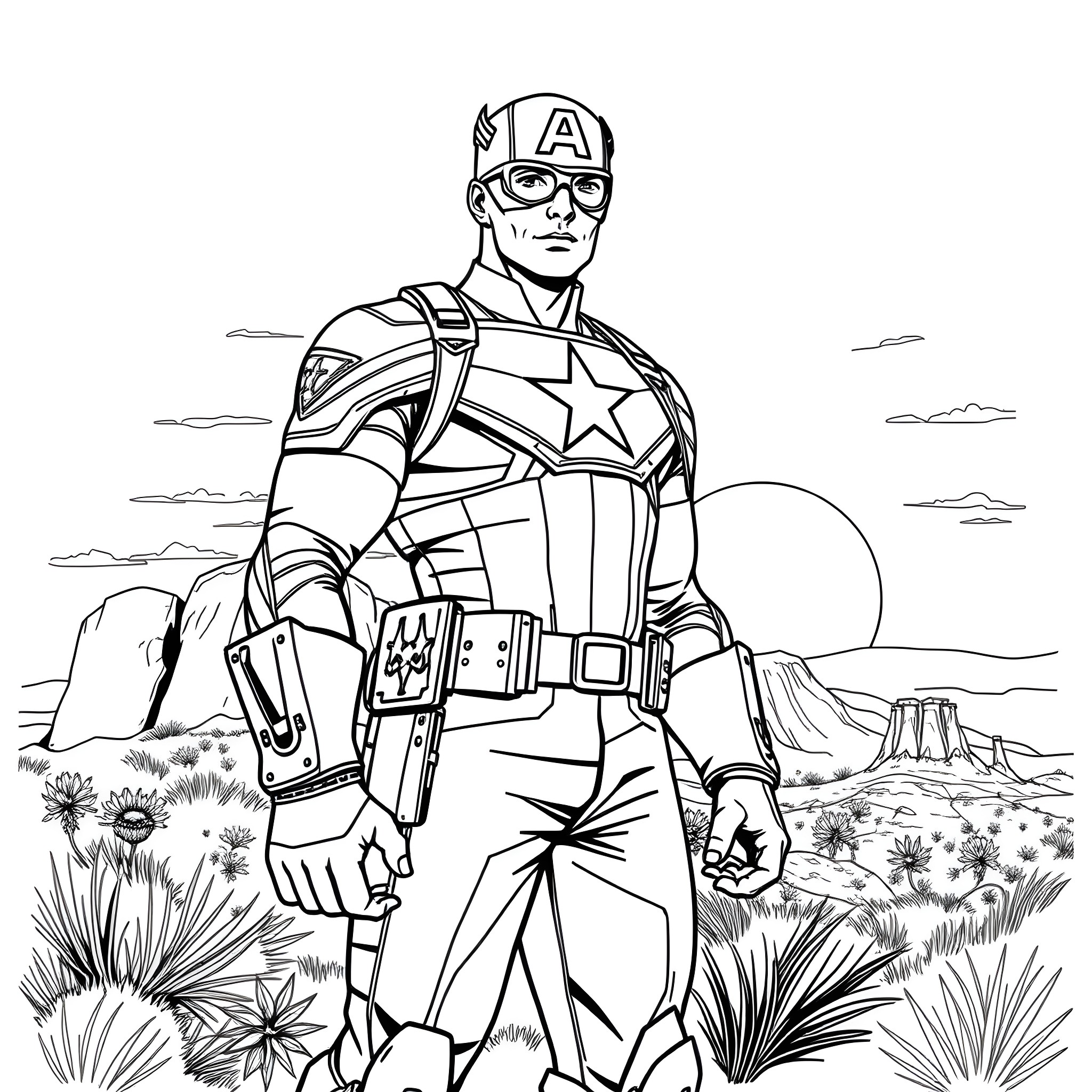 Captain America in Action Pose in Desert Landscape Coloring Page (free black-and-white line drawing printable PDF for all, from beginners to advanced learners, including children, teens, adults, and seniors)