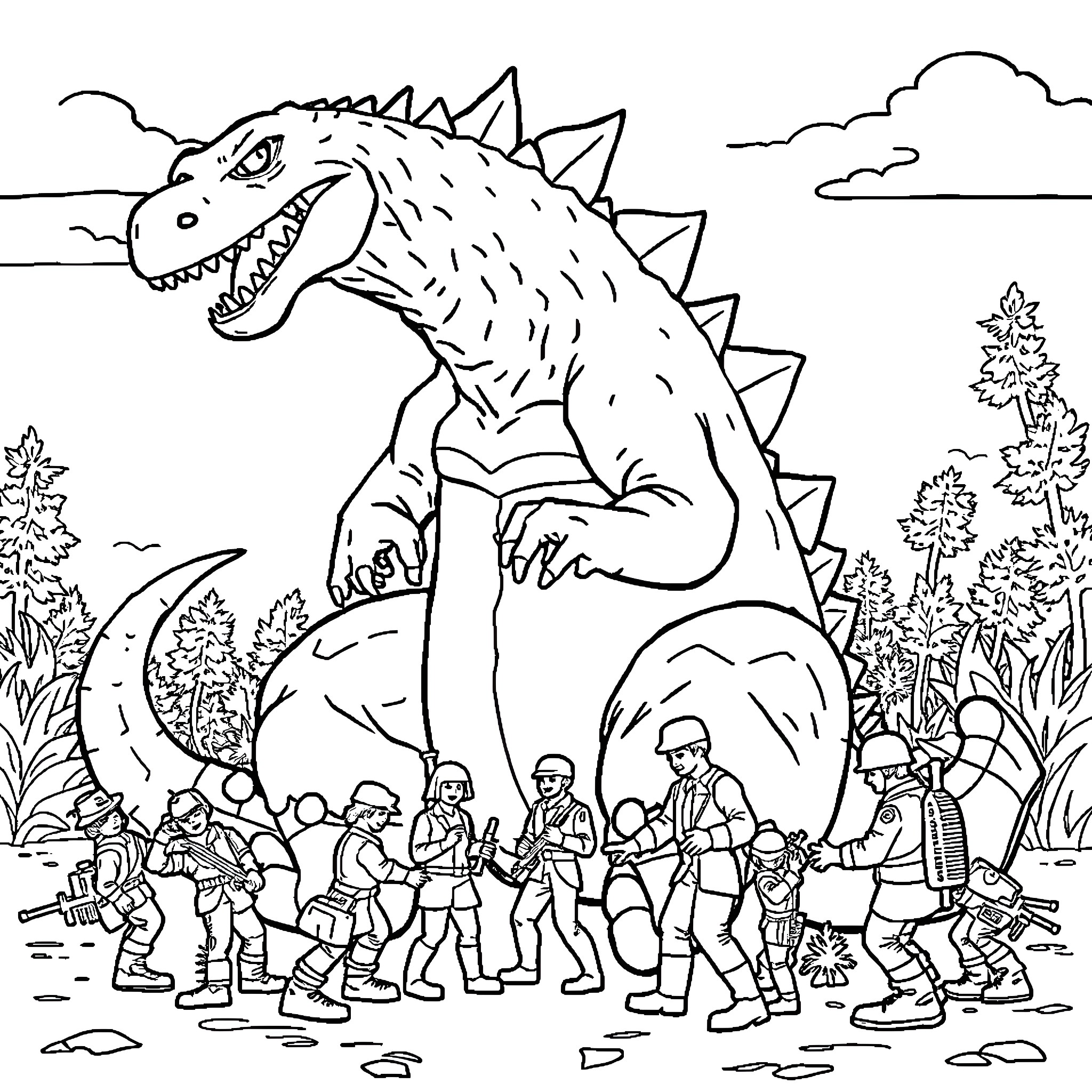 Godzilla attacks a group of military soldiers Coloring Page (free black-and-white line drawing printable PDF for all, from beginners to advanced learners, including children, teens, adults, and seniors)