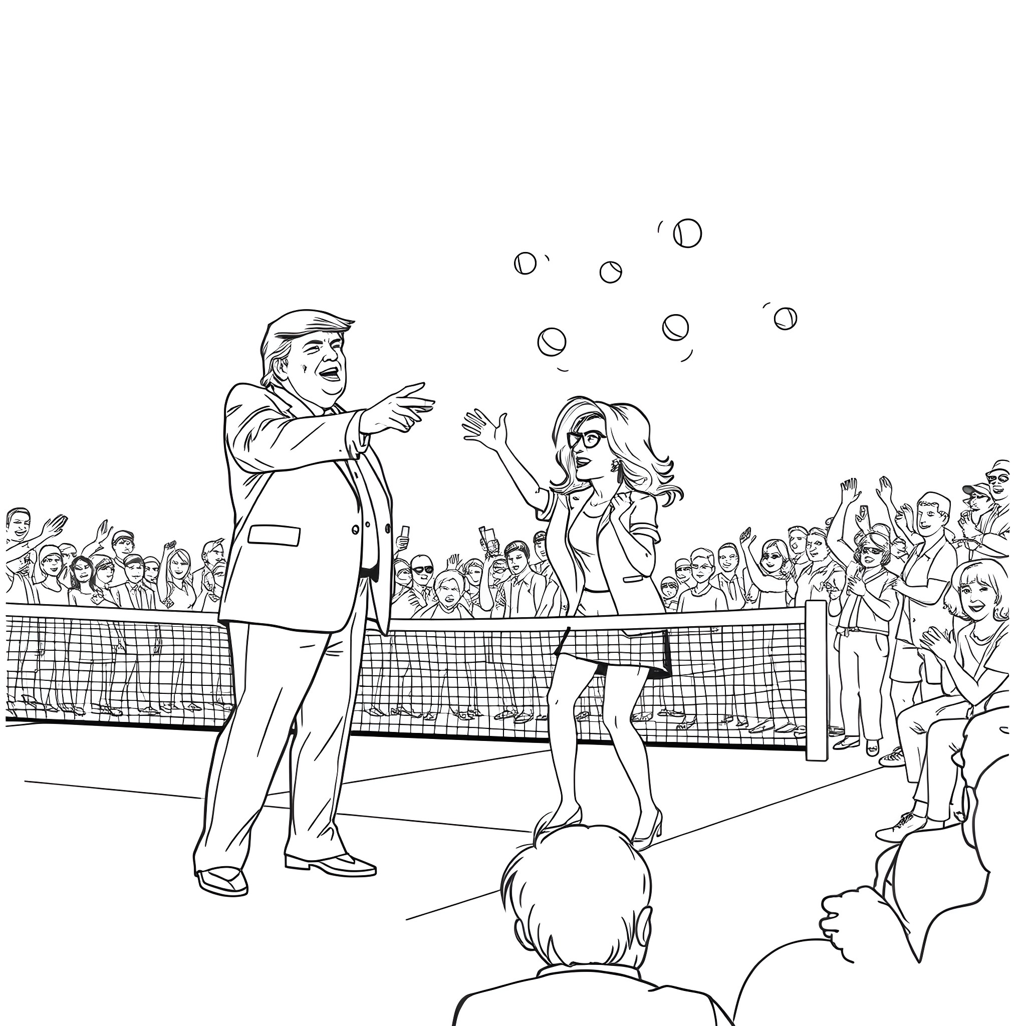 Donald Trump and Woman Playing Tennis with Crowd Coloring Page (free black-and-white line drawing printable PDF for all, from beginners to advanced learners, including children, teens, adults, and seniors)