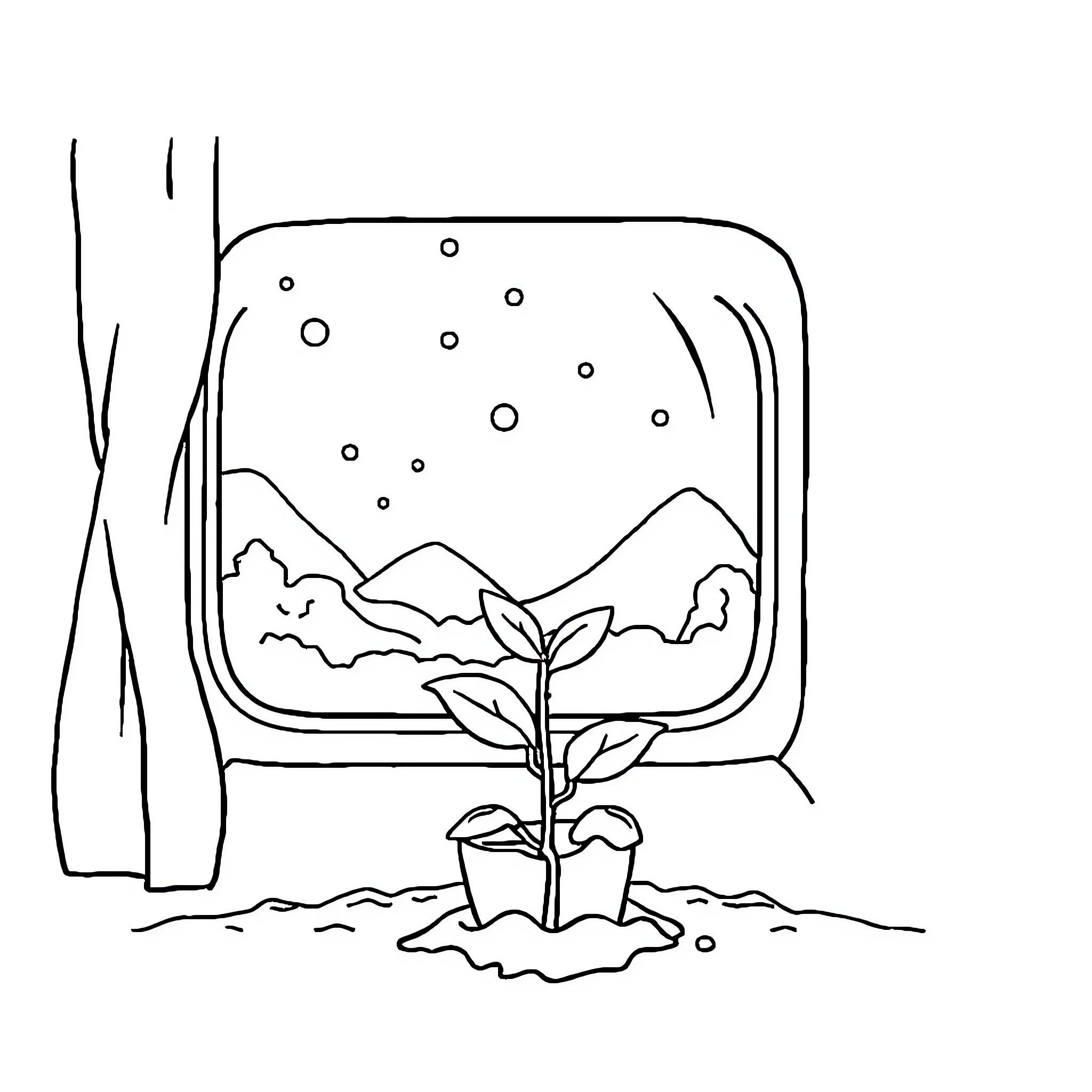 Bean Sprout growing in a cozy greenhouse Coloring Page (free black-and-white line drawing printable PDF for all, from beginners to advanced learners, including children, teens, adults, and seniors)