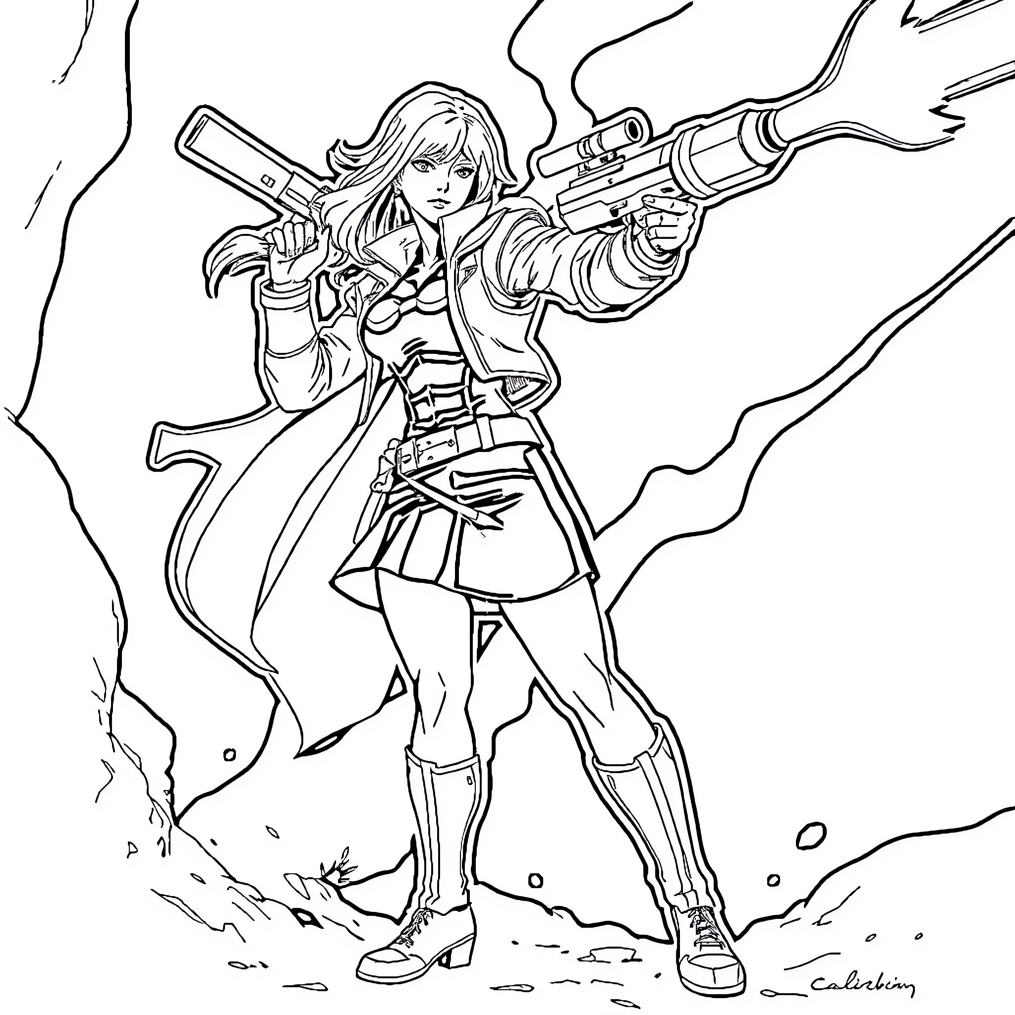 Emma's Action-Packed Adventure with Powerful Weaponry Coloring Page (free black-and-white line drawing printable PDF for all, from beginners to advanced learners, including children, teens, adults, and seniors)