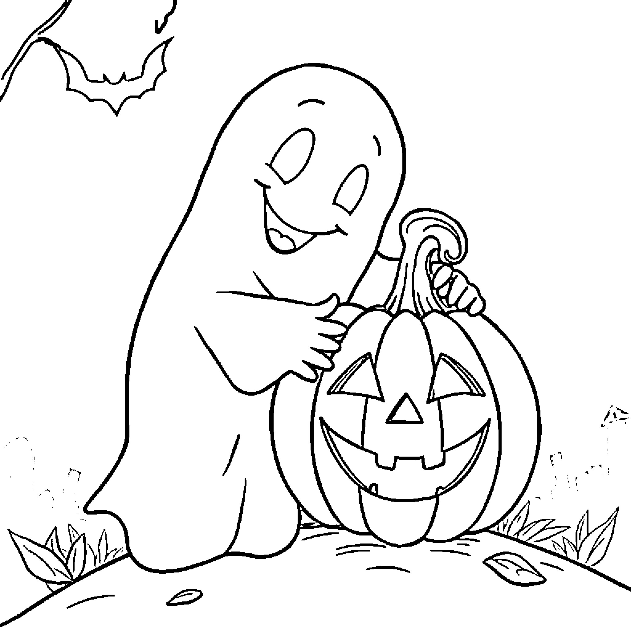 Ghost happily holding carved pumpkin Coloring Page (free black-and-white line drawing printable PDF for all, from beginners to advanced learners, including children, teens, adults, and seniors)