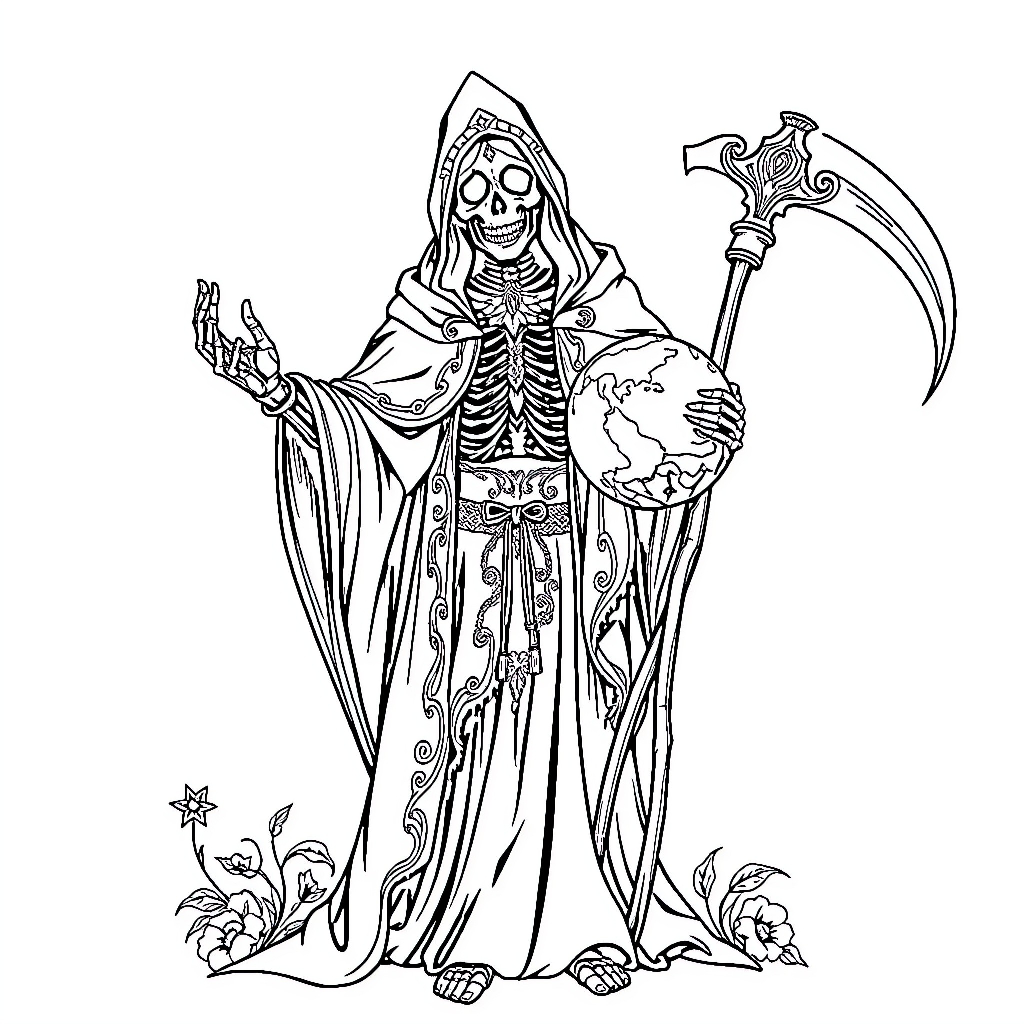Santa Muerte Wielding Scythe and Globe Coloring Page (free black-and-white line drawing printable PDF for all, from beginners to advanced learners, including children, teens, adults, and seniors)