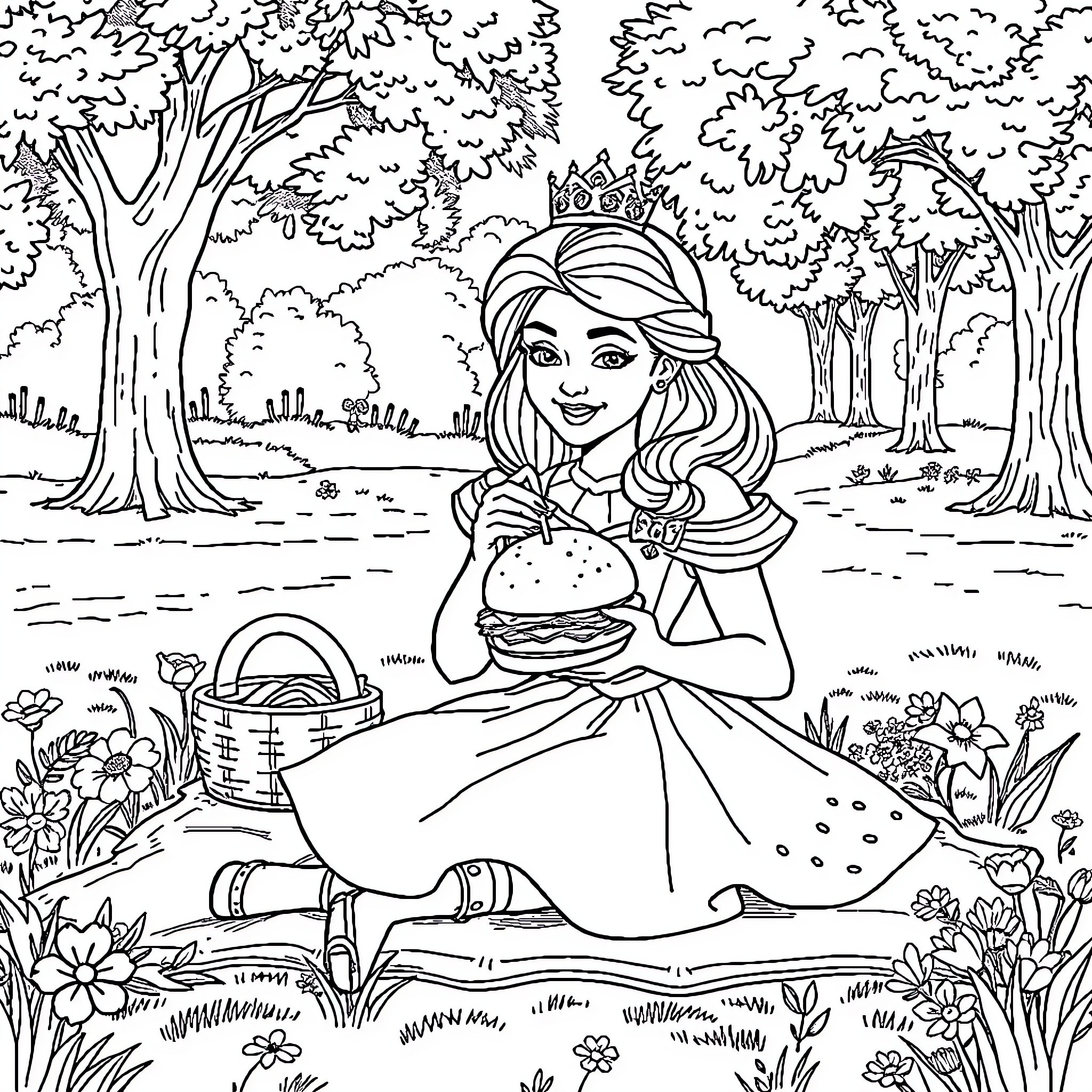 Princess Enjoying a Picnic in the Enchanted Forest Coloring Page (free black-and-white line drawing printable PDF for all, from beginners to advanced learners, including children, teens, adults, and seniors)