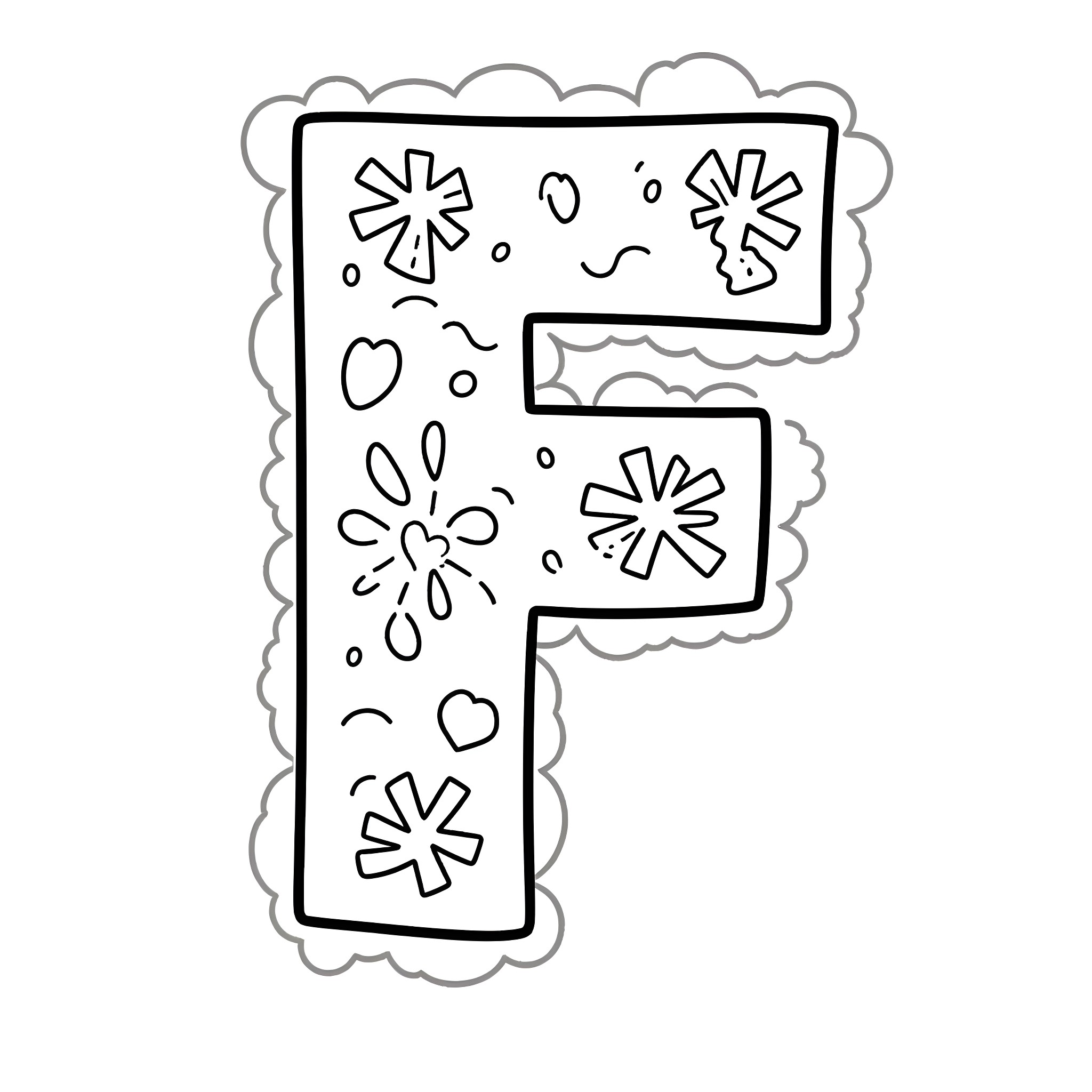 Fortnite character letter F with playful symbols Coloring Page (free black-and-white line drawing printable PDF for all, from beginners to advanced learners, including children, teens, adults, and seniors)
