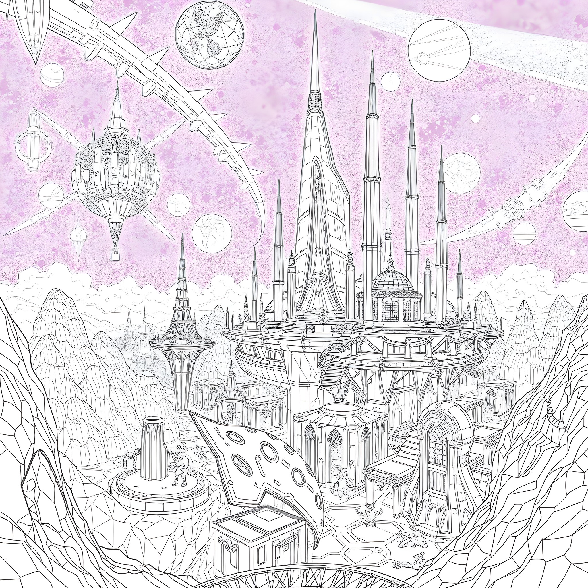 World of Fantastical Architectural Wonders Coloring Page (free black-and-white line drawing printable PDF for all, from beginners to advanced learners, including children, teens, adults, and seniors)