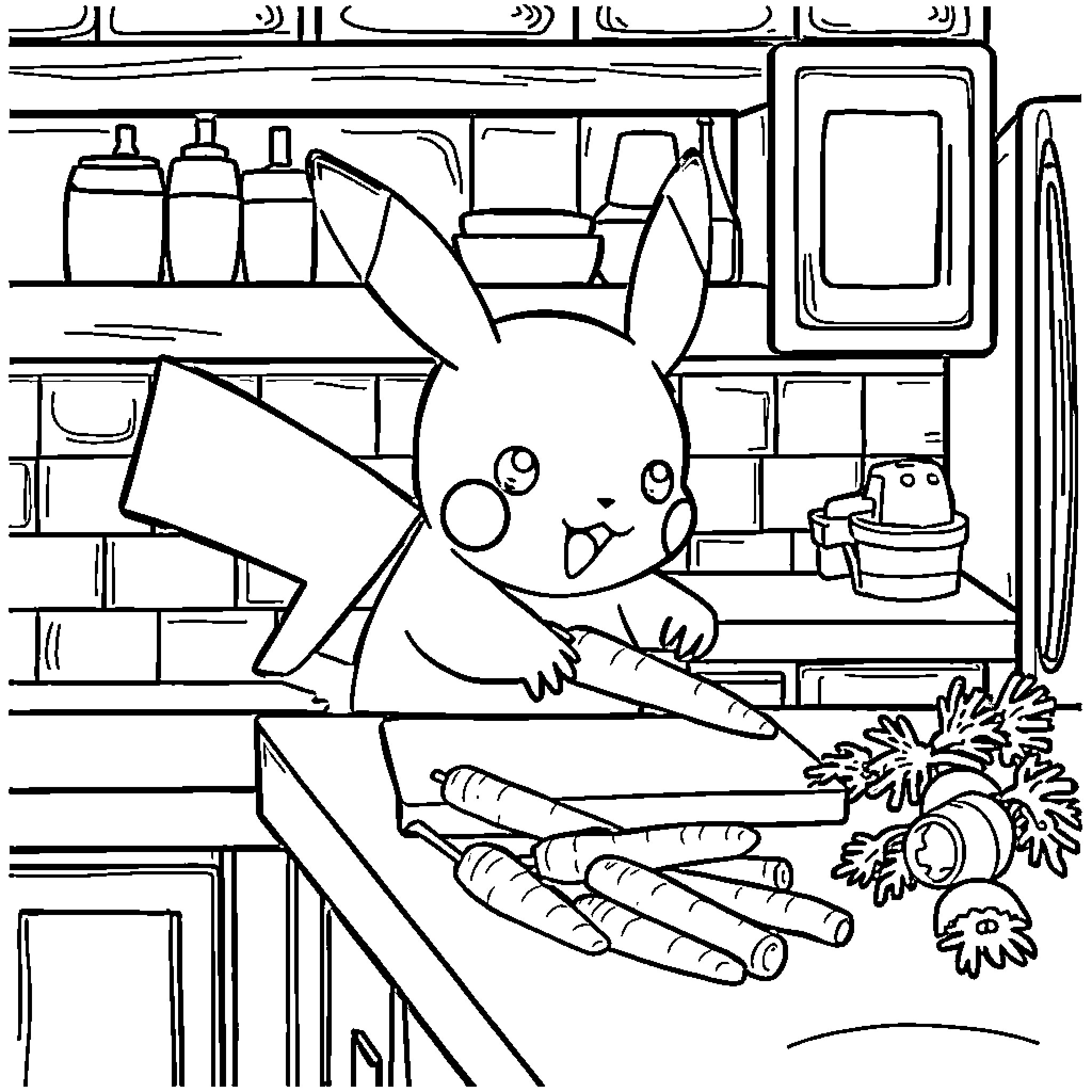 Pikachu helping out in the kitchen Coloring Page (free black-and-white line drawing printable PDF for all, from beginners to advanced learners, including children, teens, adults, and seniors)