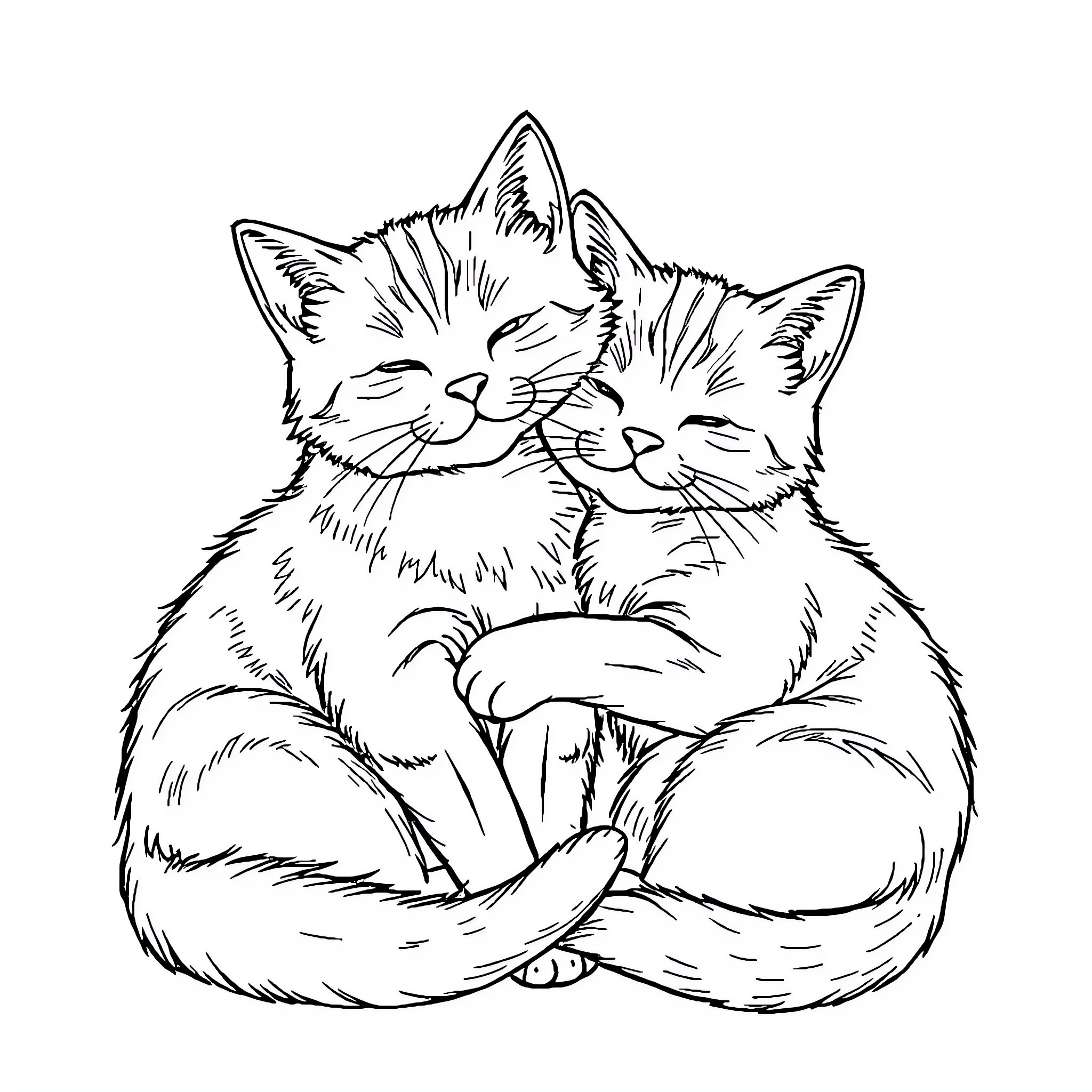 Cat companions resting together Coloring Page (free black-and-white line drawing printable PDF for all, from beginners to advanced learners, including children, teens, adults, and seniors)