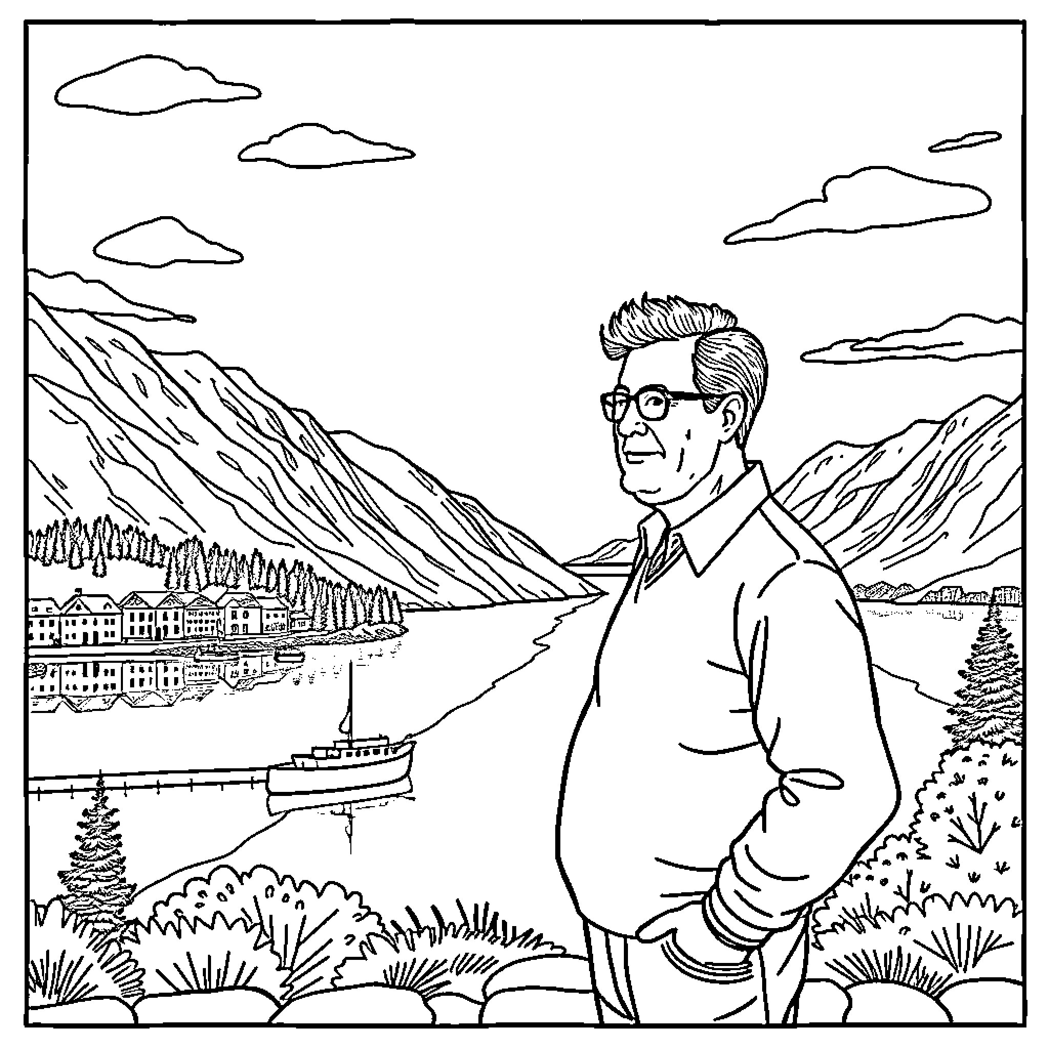 Newman enjoying the scenic mountain view Coloring Page (free black-and-white line drawing printable PDF for all, from beginners to advanced learners, including children, teens, adults, and seniors)