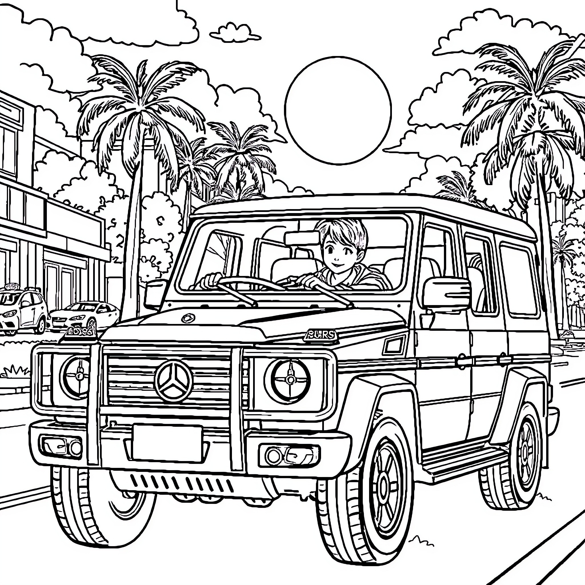 Boy driving a large vehicle through a tropical scene Coloring Page (free black-and-white line drawing printable PDF for all, from beginners to advanced learners, including children, teens, adults, and seniors)